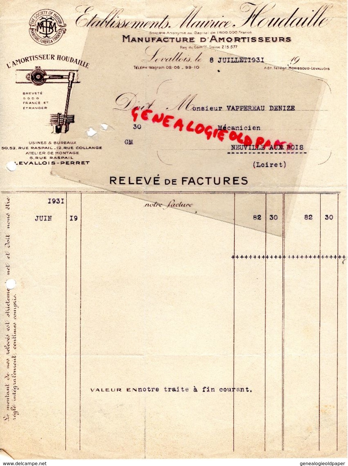 92- LEVALLOIS-PERRET- FACTURE ETS. MAURICE HOUDAILLE- MANUFACTURE AMORTISSEURS-AUTOMOBILE- AUTO- 1931 - Automobile