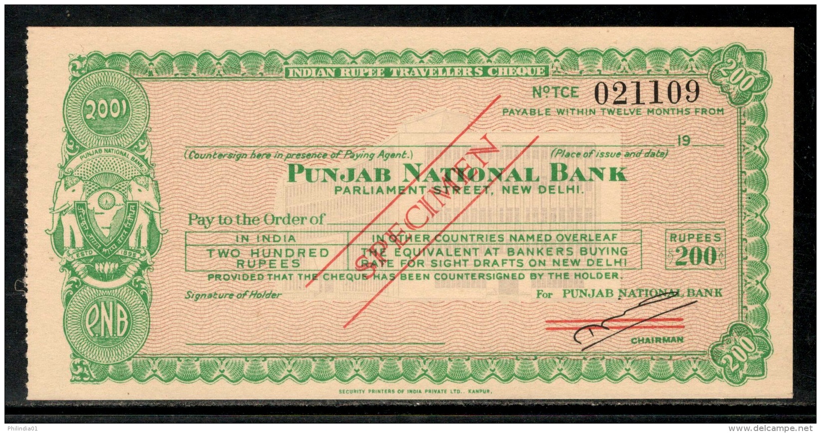 India Rs.200 Punjab National Bank Traveller's Cheques ' SPECIMEN ' RARE # 16221C - Cheques En Traveller's Cheques