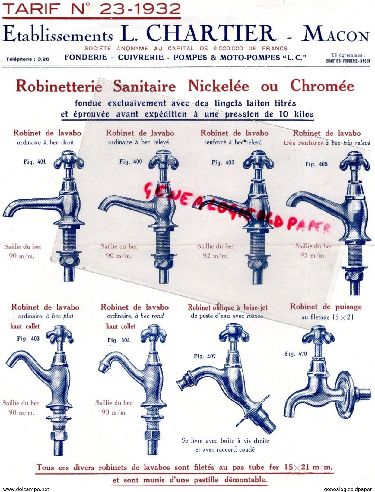 71- MACON- RARE CATALOGUE 1 ETS. L. CHARTIER- FONDERIE MANUFACTURE CUIVRE BRONZE-  CUIVRERIE -ROBINETS ROBINETTERIE - Petits Métiers