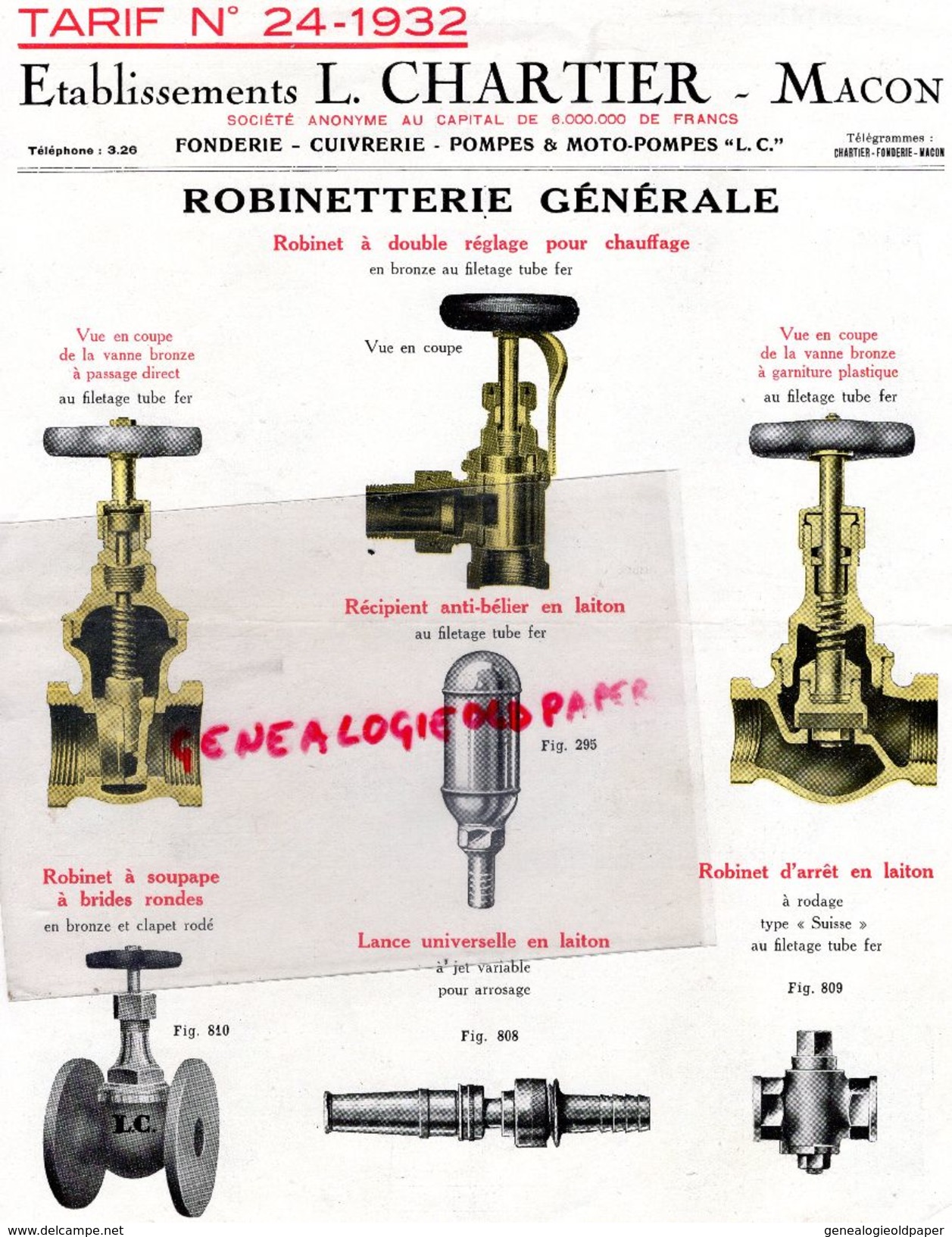 71- MACON- RARE CATALOGUE 1 ETS. L. CHARTIER- FONDERIE MANUFACTURE CUIVRE BRONZE-  CUIVRERIE -ROBINETS ROBINETTERIE - Petits Métiers