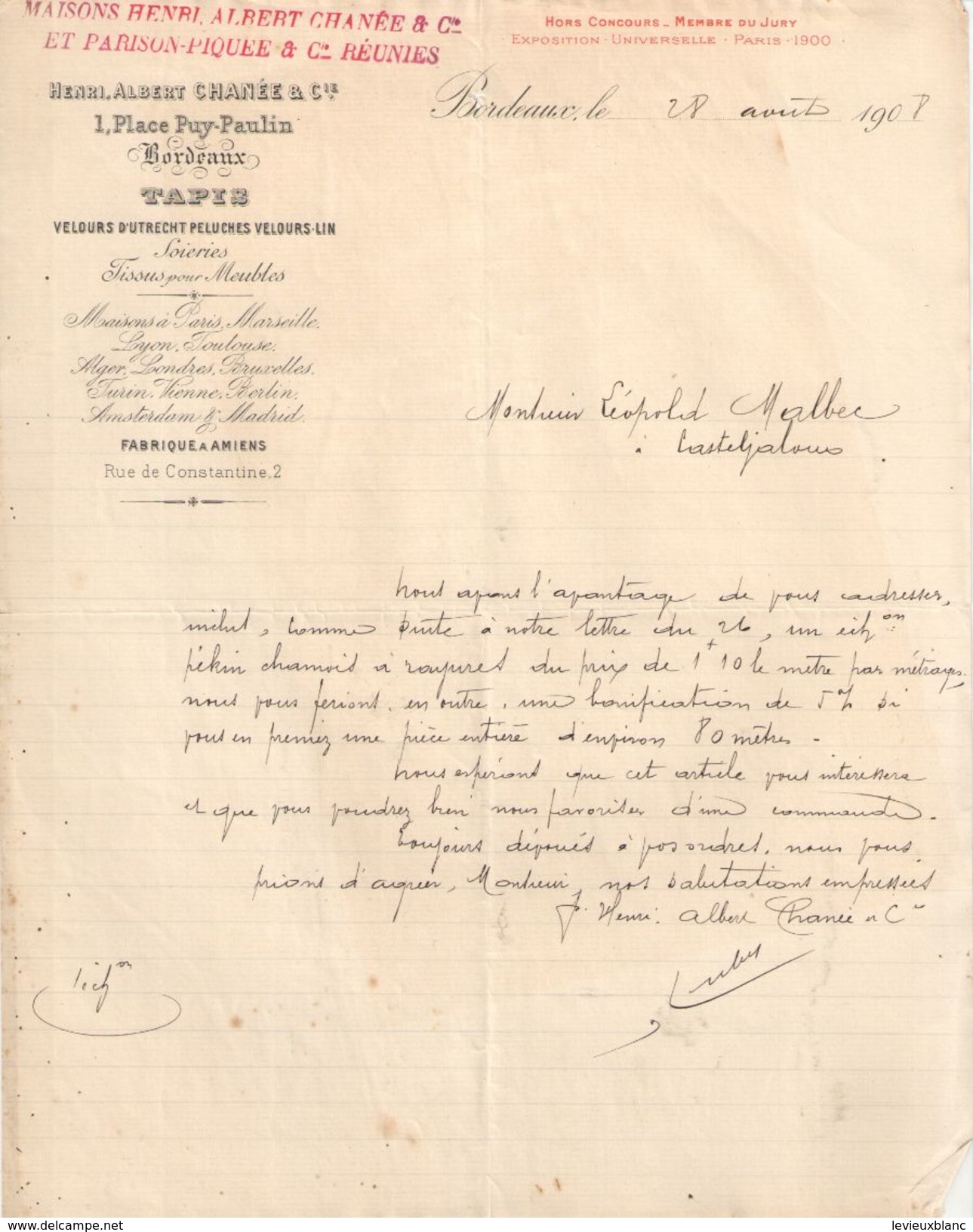 Lettre Commerciale Ancienne/Maisons Henri Albert CHANEE & Cie/Tapis-Velours D'Utrecht/BORDEAUX/1908   FACT303 - Textile & Clothing