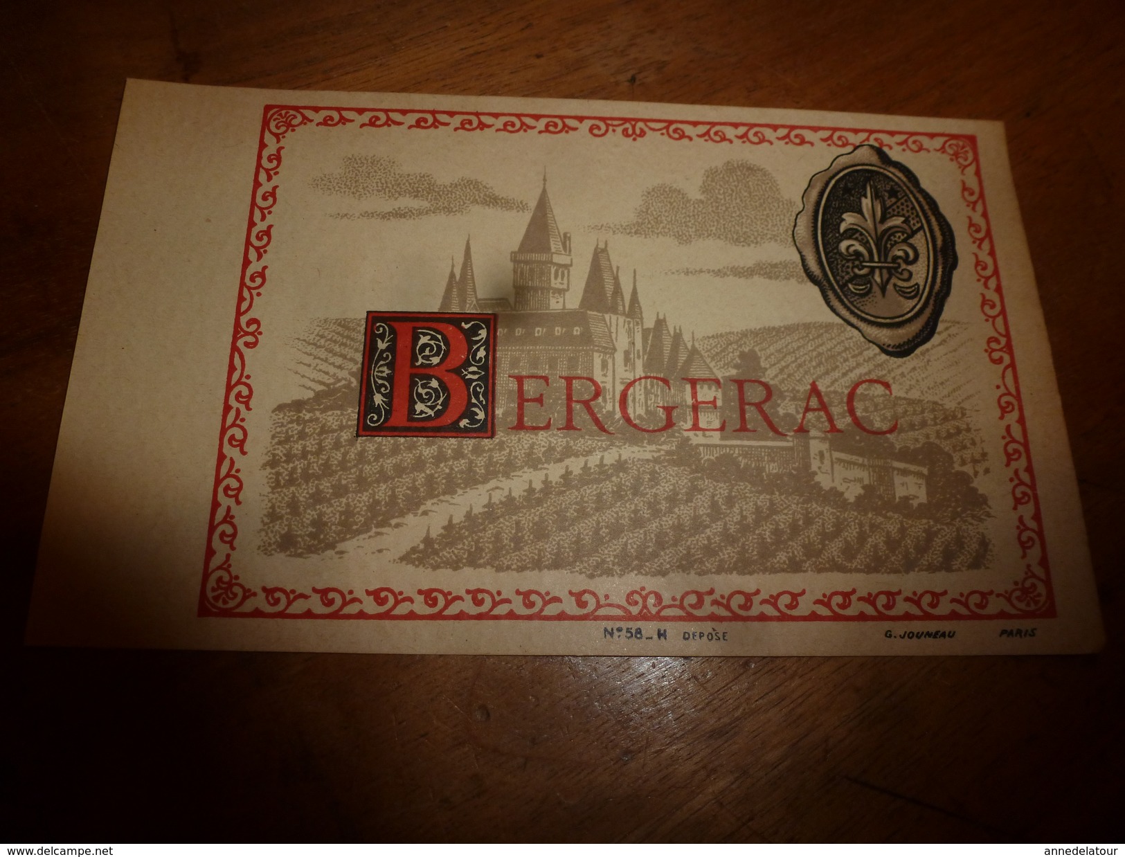 1920 ? Spécimen étiquette De Vin De BERGERAC N° 58  ,déposé, Imp. G.Jouneau  3 Rue Papin à Paris (illustr Château) - Bergerac