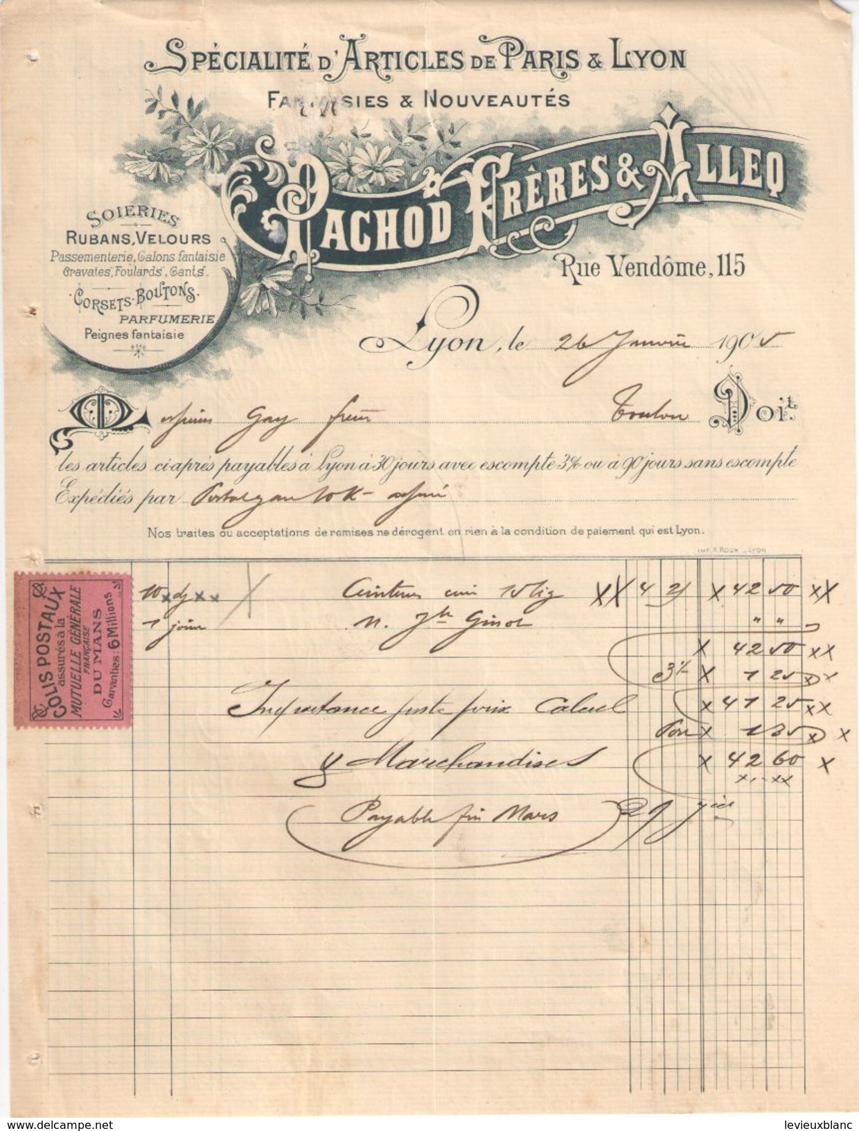 Facture  Commerciale Ancienne & Billet à Ordre/Soieries/ PACHOD Fréres & ALLEO/Rue Vendôme/LYON//1905   FACT304 - Textile & Vestimentaire