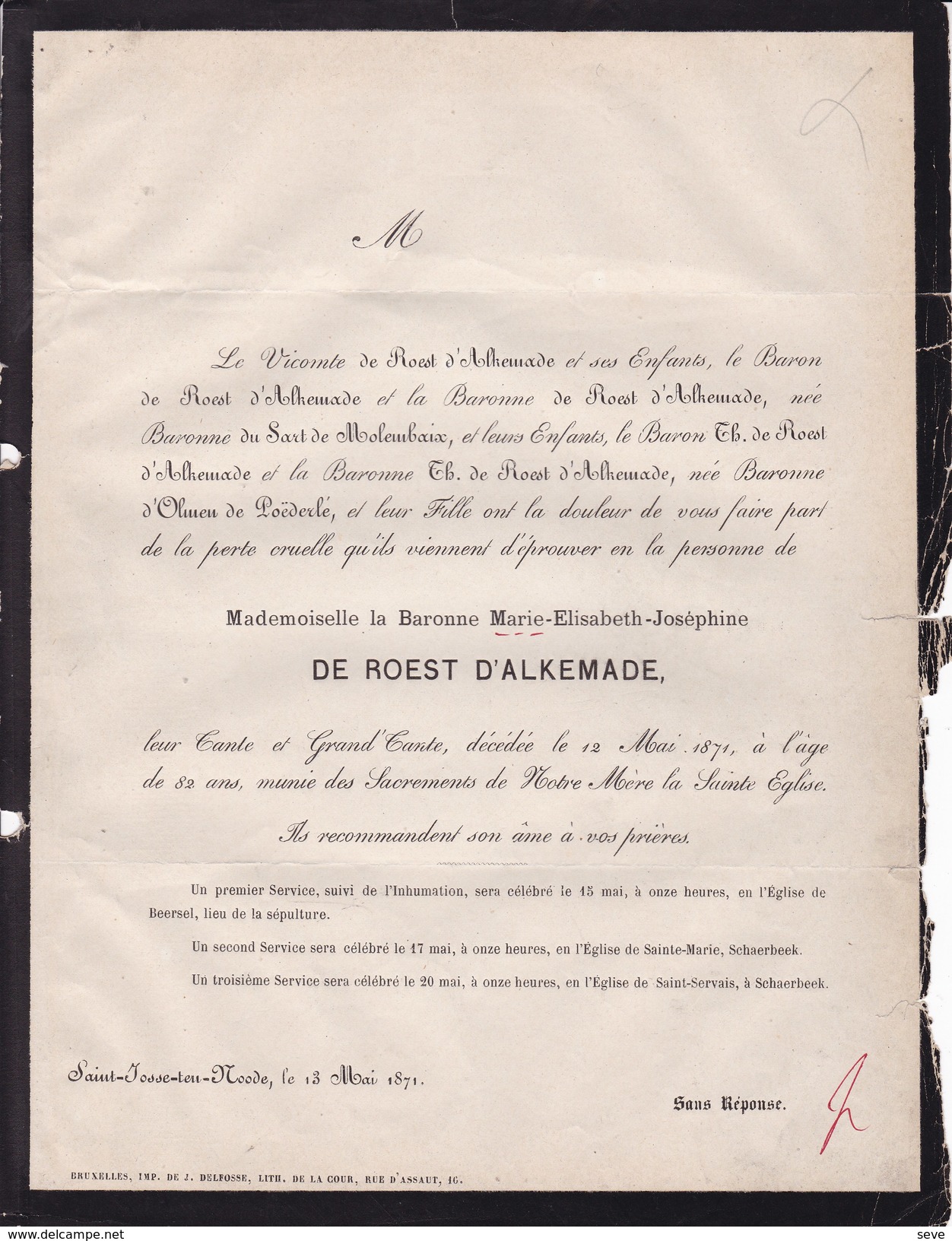 BEERSEL SCHAERBEEK Baronne Marie-Elisabeth De ROEST D'ALKEMADE 82 Ans 1871 Famille Du SART De MOLEMBAIX D'OLMEN - Esquela