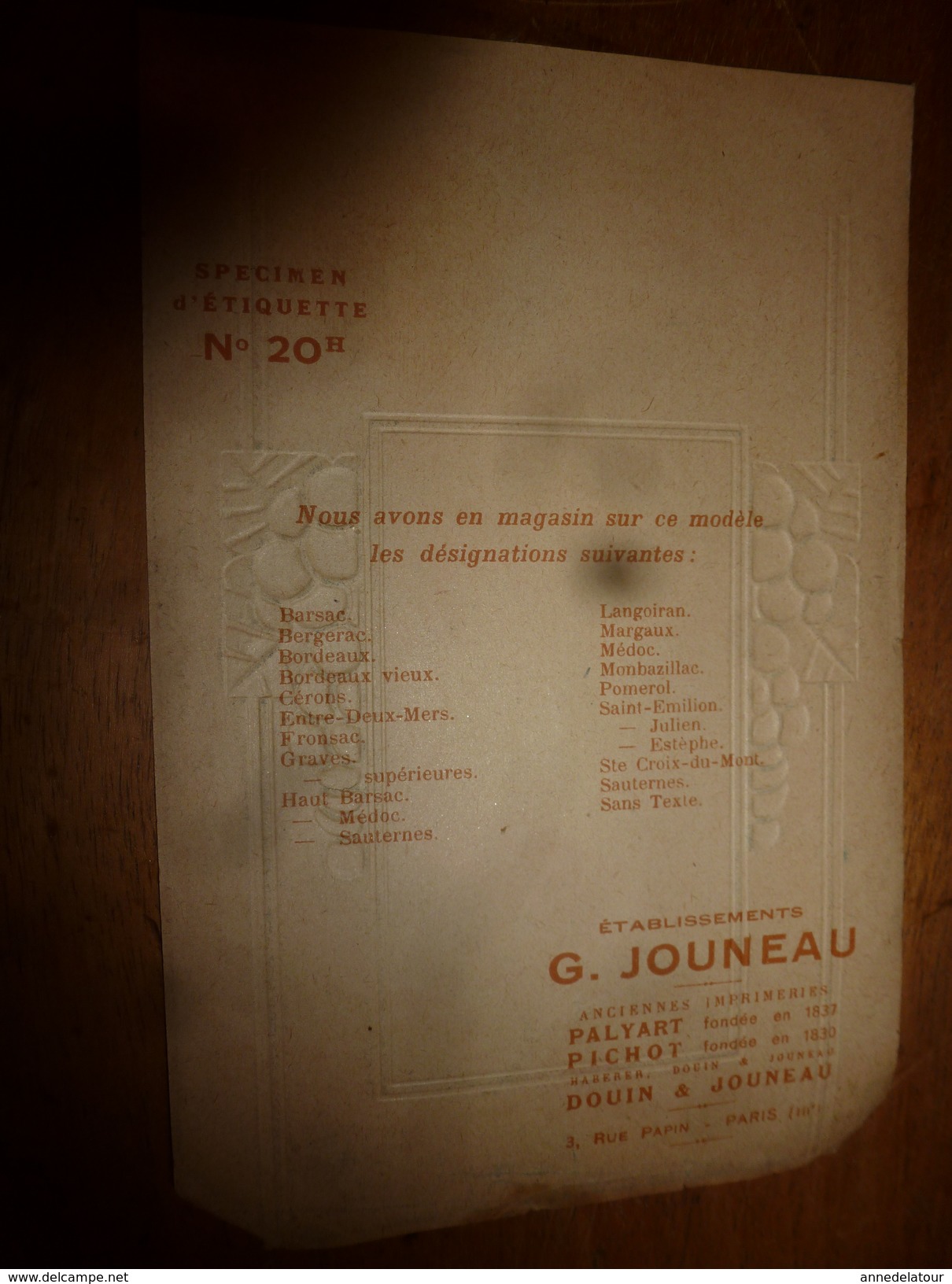 1920 ? Spécimen étiquette De Vin De GRAVES SUPÉRIEURES ,  N° 20H  ,déposé, Imp. G.Jouneau  3 Rue Papin à Paris - Castillos