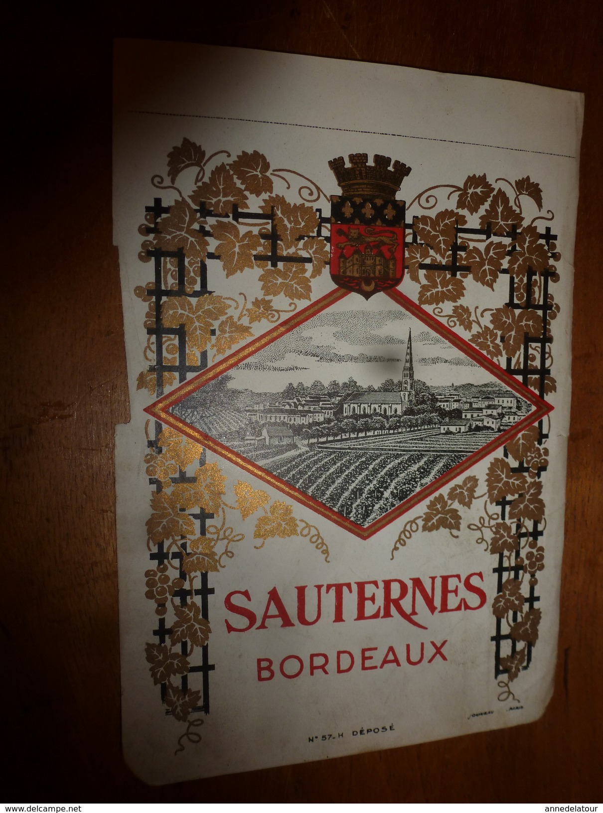 1920 ? Spécimen étiquette De Vin De SAUTERNES Bordeaux ,  N° 57H  ,déposé, Imp. G.Jouneau  3 Rue Papin à Paris - Bordeaux