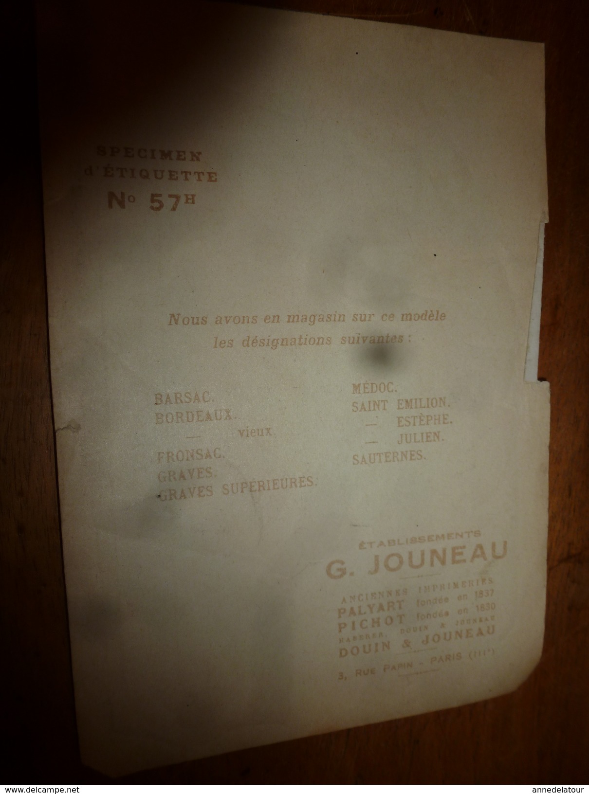 1920 ? Spécimen étiquette De Vin De SAUTERNES Bordeaux ,  N° 57H  ,déposé, Imp. G.Jouneau  3 Rue Papin à Paris - Bordeaux