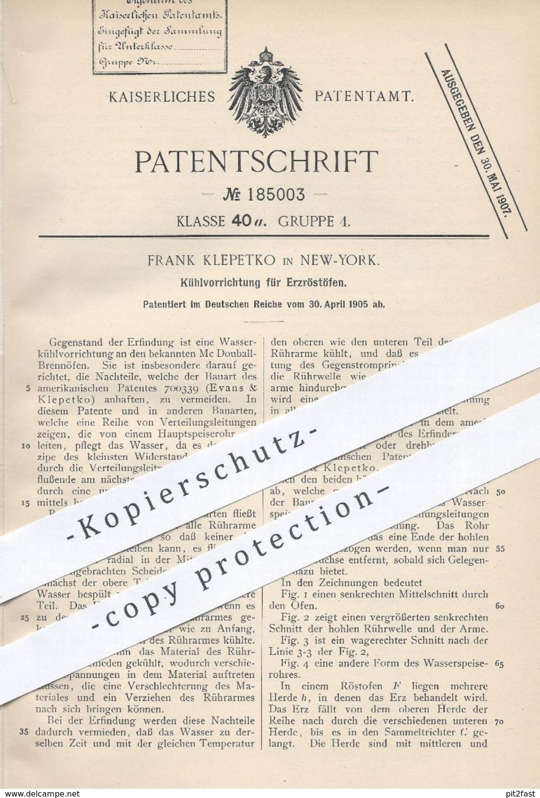 Original Patent - Frank Klepetko , New York , 1905 , Kühlung Für Erzröstöfen | Erz - Röstofen | Ofen Öfen | Mc Douball ! - Historische Dokumente