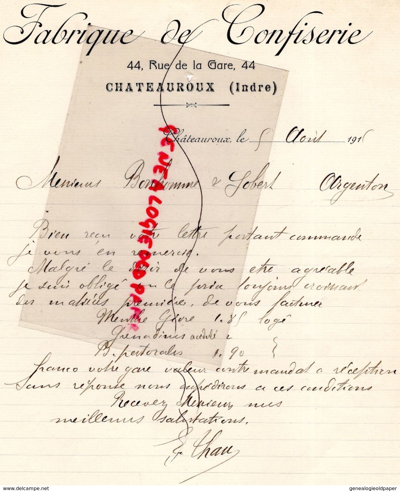 36- CHATEAUROUX- RARE LETTRE MANUSCRITE FABRIQUE DE CONFISERIE-44 RUE DE LA GARE-1915  CONFISEUR BONBONS - Alimentaire