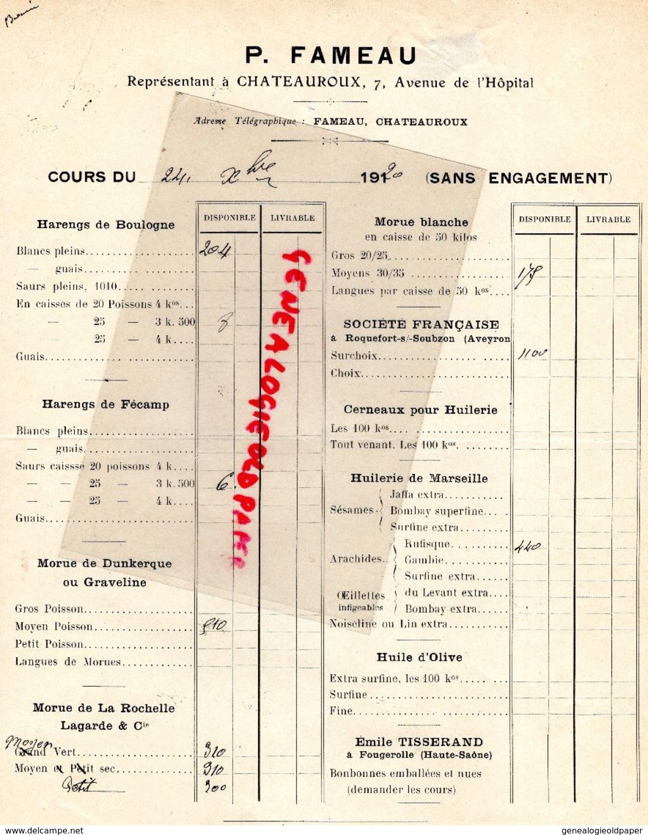 36-CHATEAUROUX-RARE COURS ALIMENTATION 1920-P. FAMEAU-7 AV. HOPITAL-HARENGS BOULOGNE-MORUE DUNKERQUE -ROQUEFORT-HUILERIE - Alimentaire