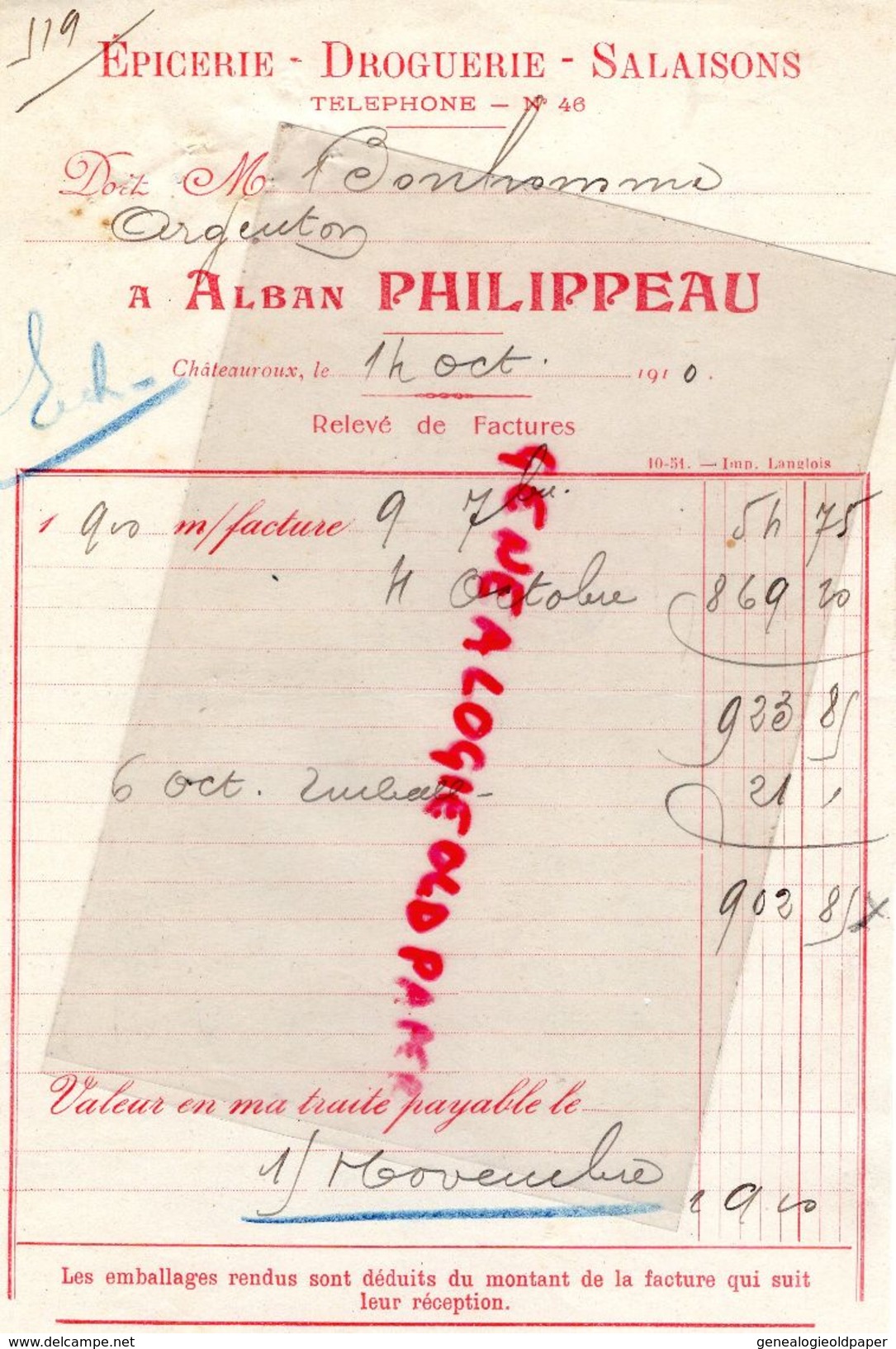 36- CHATEAUROUX-FACTURE  ALBAN PHILIPPEAU- EPICERIE DROGUERIE SALAISONS - 1910 - Petits Métiers