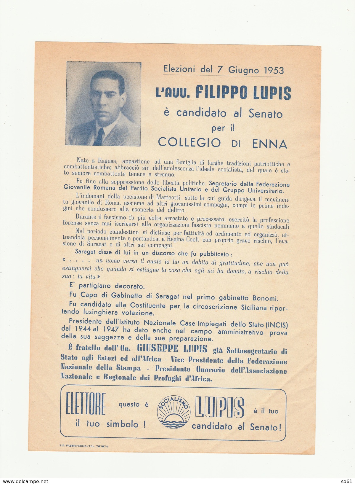 7517.   Elezioni Del 7 Giugno 1953 Avv. Filippo Lupis  Candidato Al Senato Collegio Di Enna - Matériel Et Accessoires