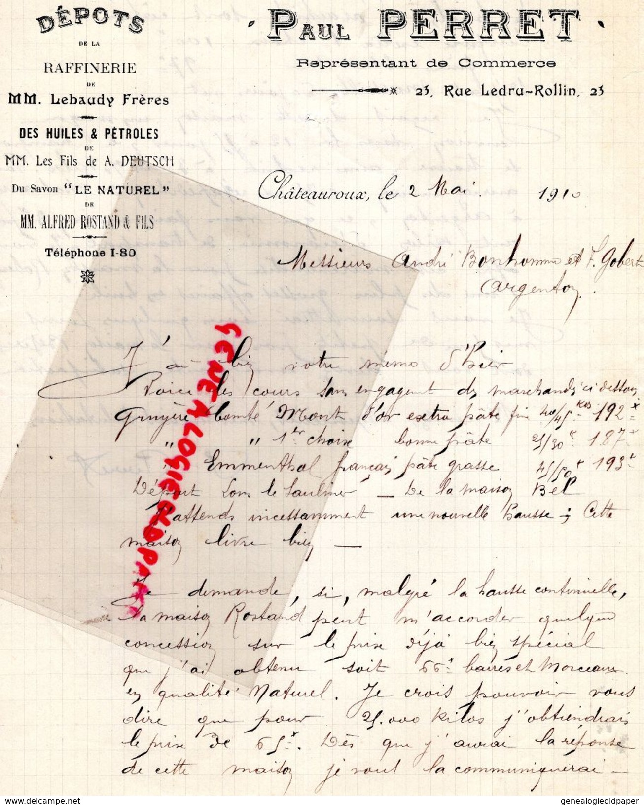 36- CHATEAUROUX- RARE LETTRE MANUSCRITE SIGNEE PAUL PERRET - 23 RUE LEDRU ROLLIN-1910- RAFFINERIE LEBAUDY FRERES PETROLE - Petits Métiers