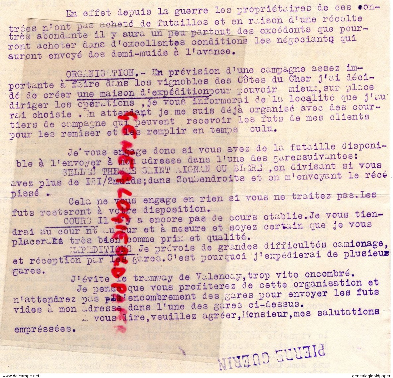 36- CHATEAUROUX- LETTRE PIERRE GUERIN- COURTIER EN VINS- 1919 - Petits Métiers