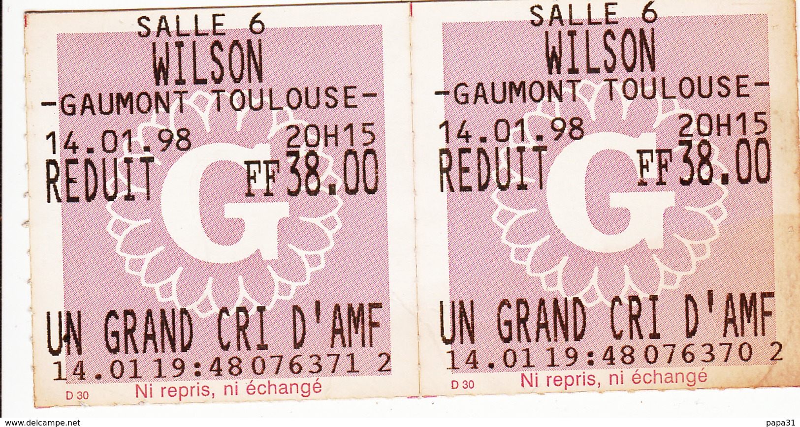 2 Tickets De Cinéma  -GAUMONT WILSON  TOULOUSE - Tickets D'entrée