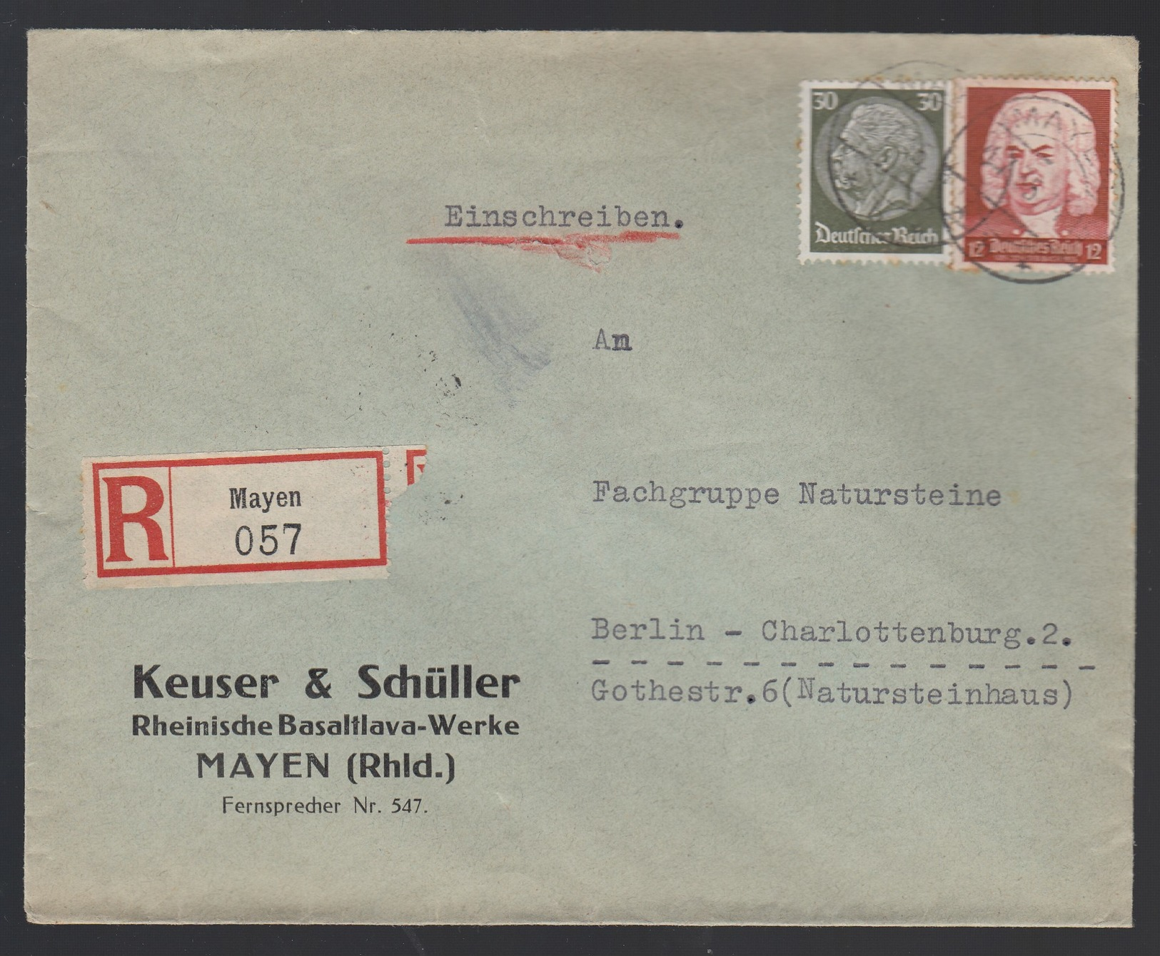 DR Einschreiben Firmenbrief Rheinische Basaltwerke Mayen Bauindustrie 1935 Mayen Rheinland Nach Berlin K732 - Briefe U. Dokumente
