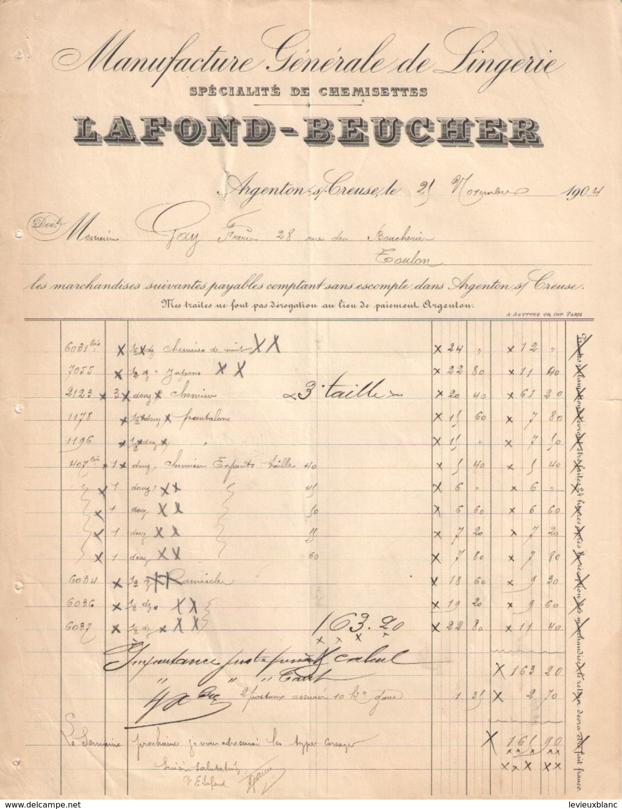 Facture  Commerciale Ancienne /Manufacture Générale De Lingerie/LAFOND-BEUCHER/Argenton Sur Creuse/Indre/1904   FACT308 - Textilos & Vestidos