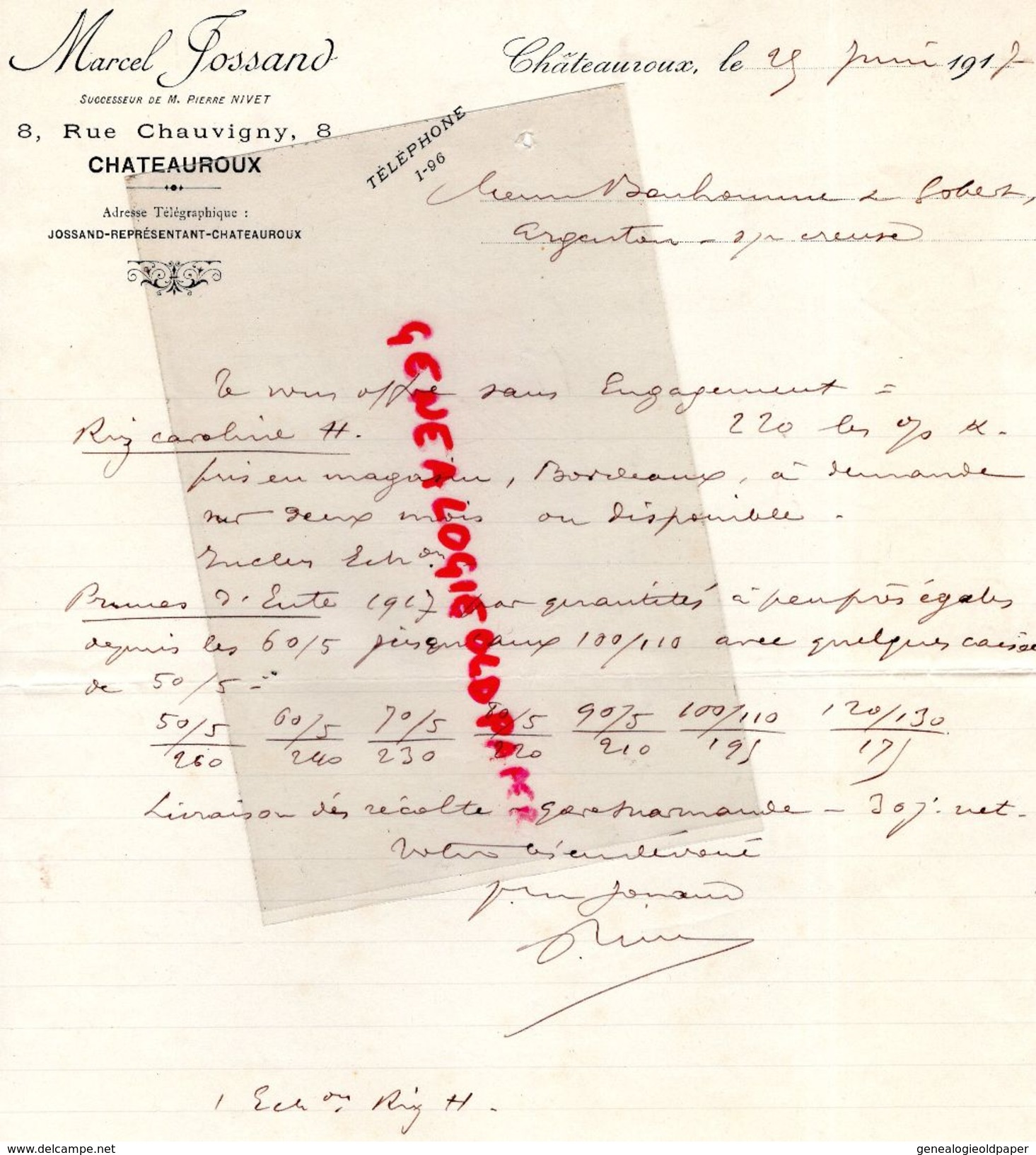 36- CHATEAUROUX- RARE LETTRE MANUSCRITE SIGNEE MARCEL JOSSAND SUCCESSEUR DE PIERRE NIVET-8 RUE CHAUVIGNY-1917 - Petits Métiers