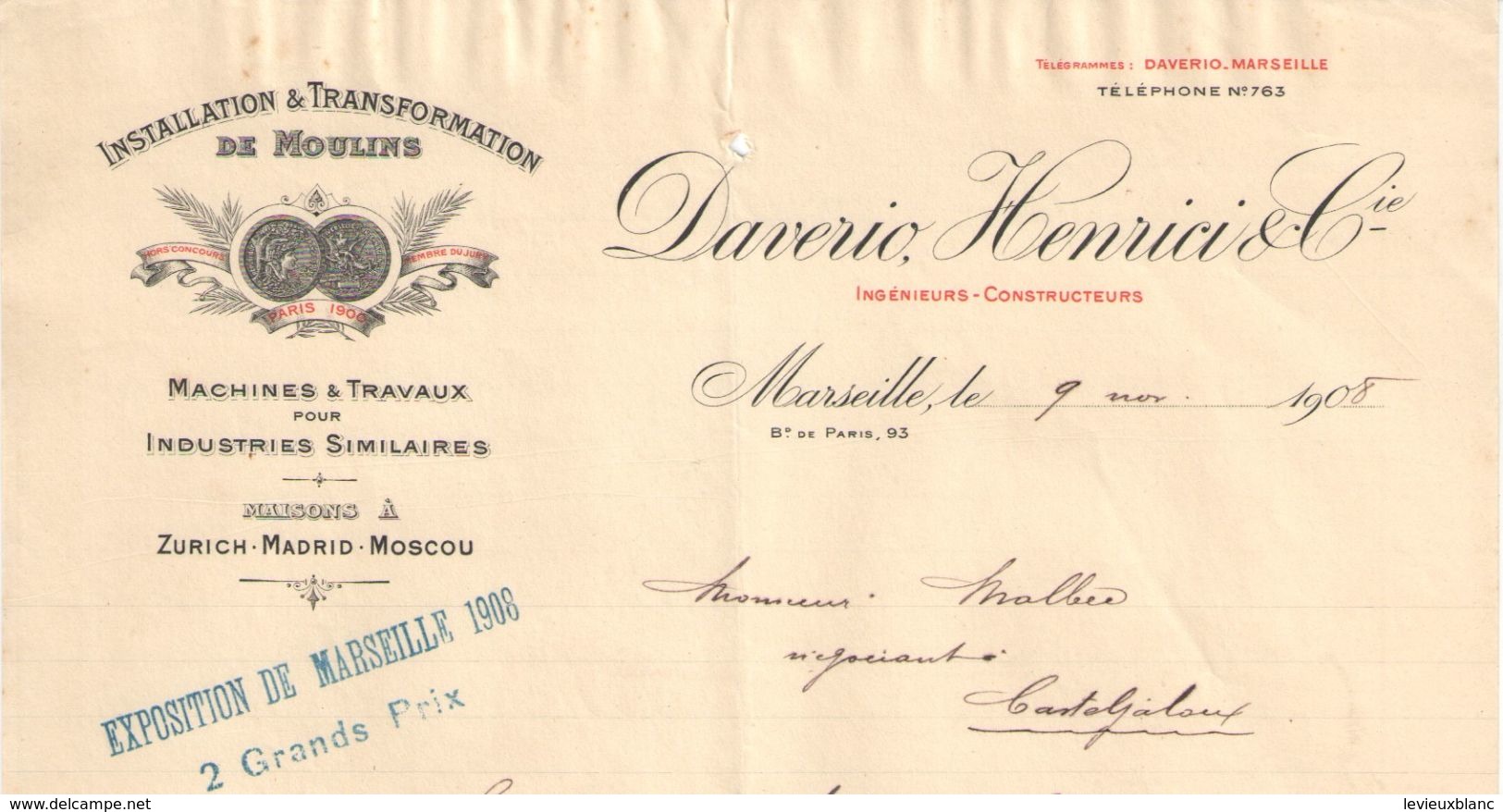 Lettre  Commerciale Ancienne /Installation Et Transformation De Moulins/DAVERIO HENRICI & Cie/Marseille/1908   FACT313 - Autres & Non Classés