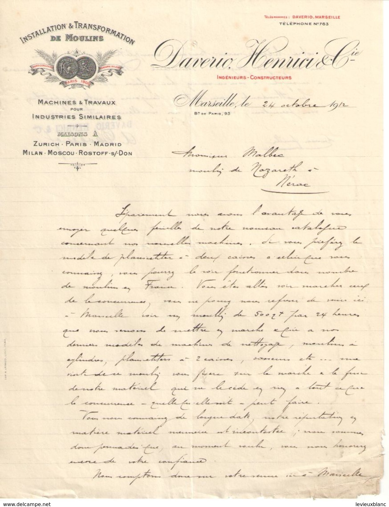 Lettre  Commerciale Ancienne /Installation Et Transformation De Moulins/DAVERIO HENRICI & Cie/Marseille/1912   FACT316 - Autres & Non Classés