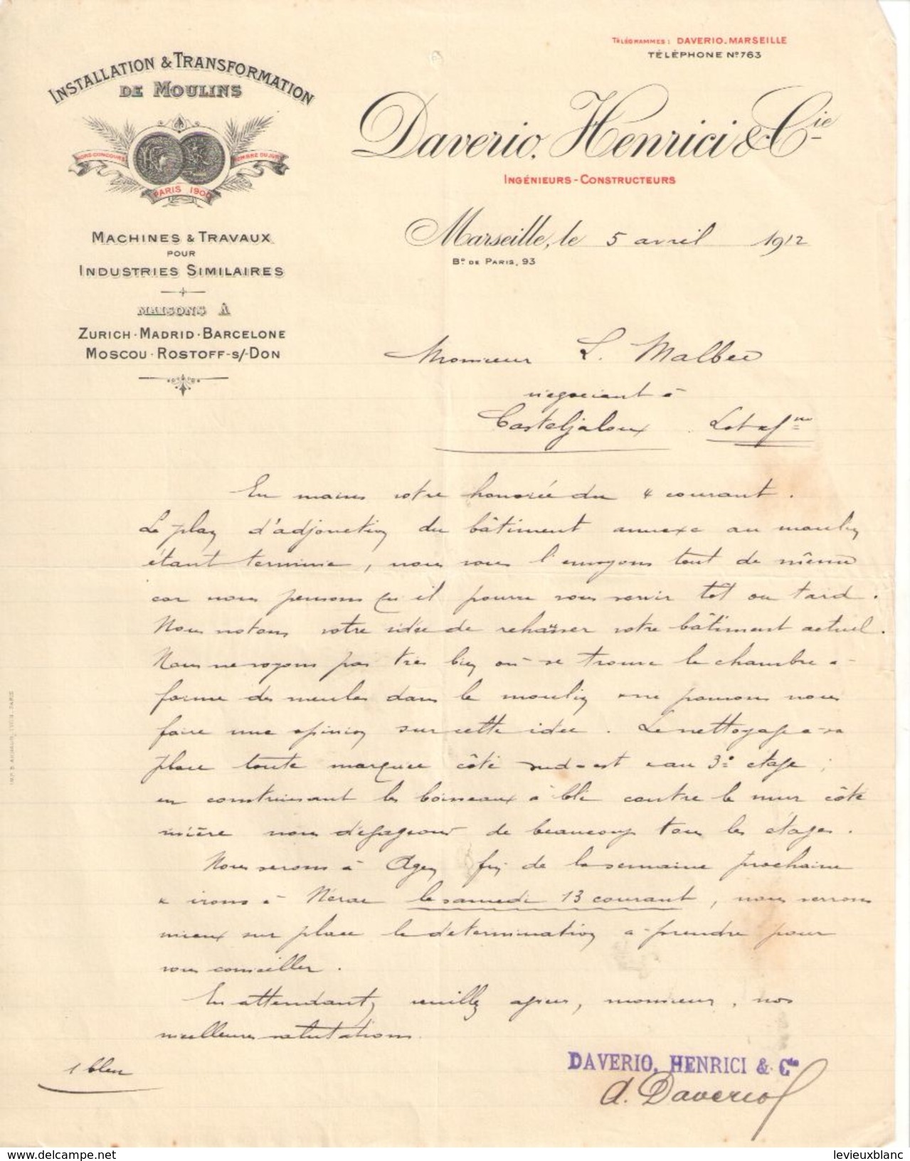 Lettre  Commerciale Ancienne /Installation Et Transformation De Moulins/DAVERIO HENRICI & Cie/Marseille/1912   FACT317 - Autres & Non Classés