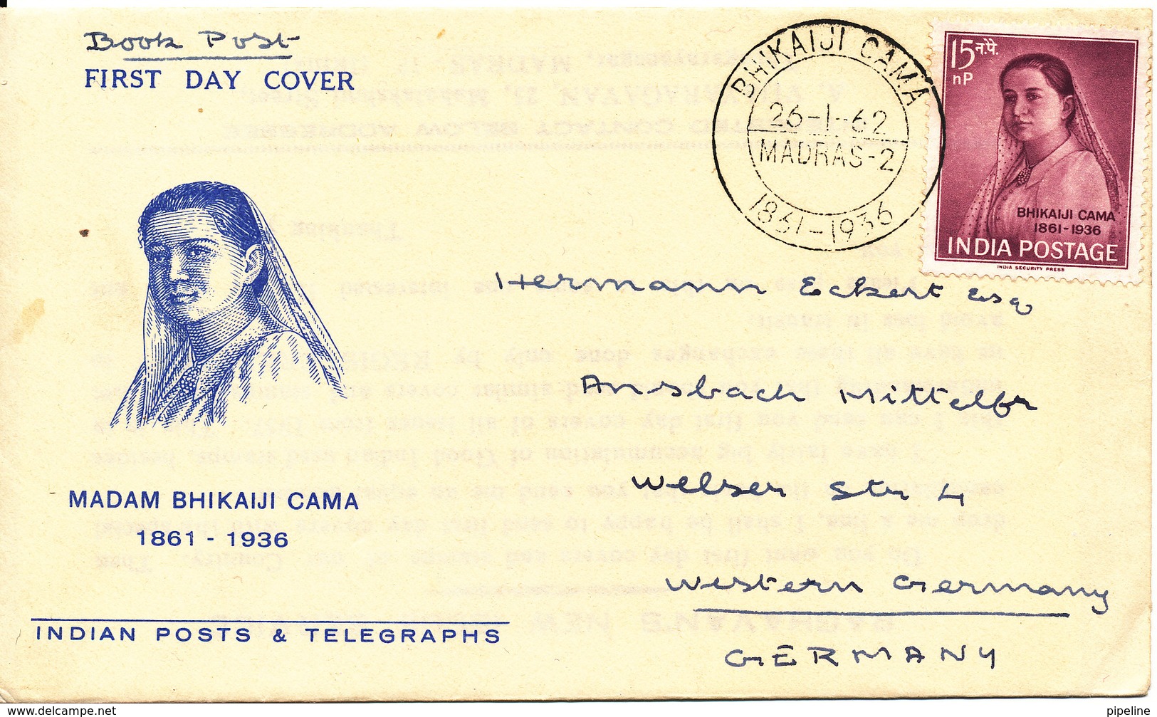 India FDC 26-1-1962 Madam Bhikaiji Cama With Cachet - FDC