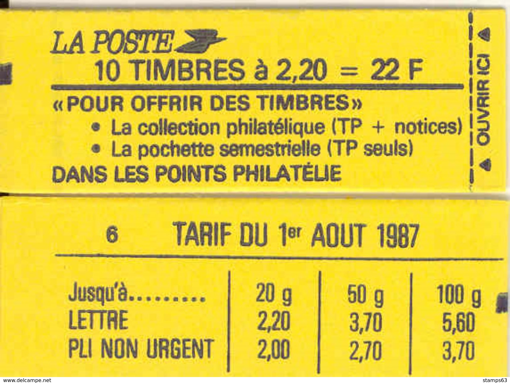FRANCE - BOOKLET / CARNET, Yvert 2376-c6, 1987, 10 X 2.20 Liberté De Delacroix Red - Autres & Non Classés