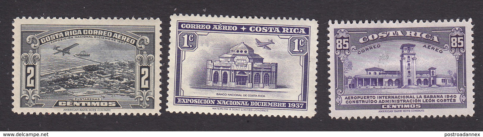 Costa Rica, Scott #C31, C35, C44, Mint Hinged, Puntarenas, National Bank, Airprot, Issued 1937-40 - Costa Rica