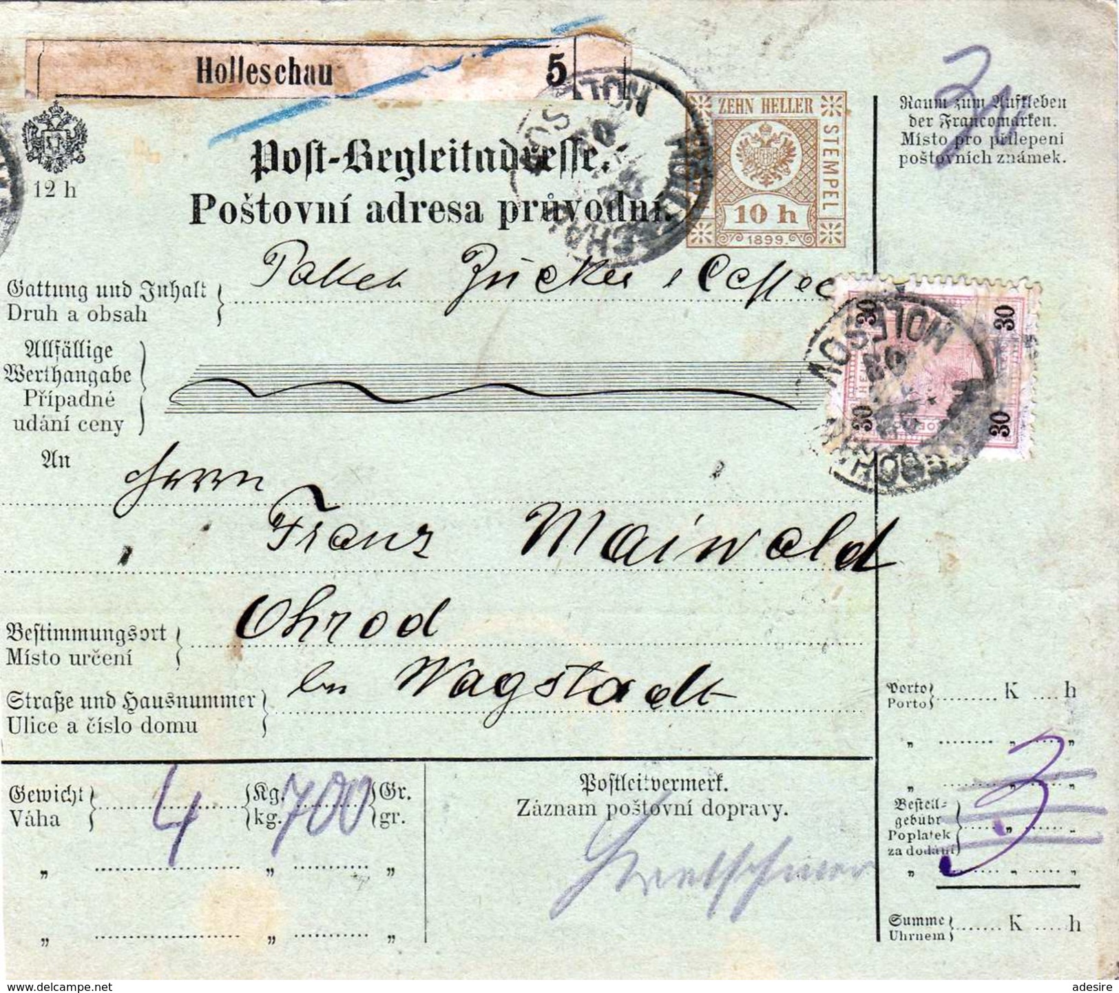 ÖSTERREICH NACHPORTO 1903 - 3 Heller (Ank24) Nachporto + 10 H Ganzsache + 30 H Auf Paketkarte Gel.v. Holleschau Nach Ohr - Briefe U. Dokumente