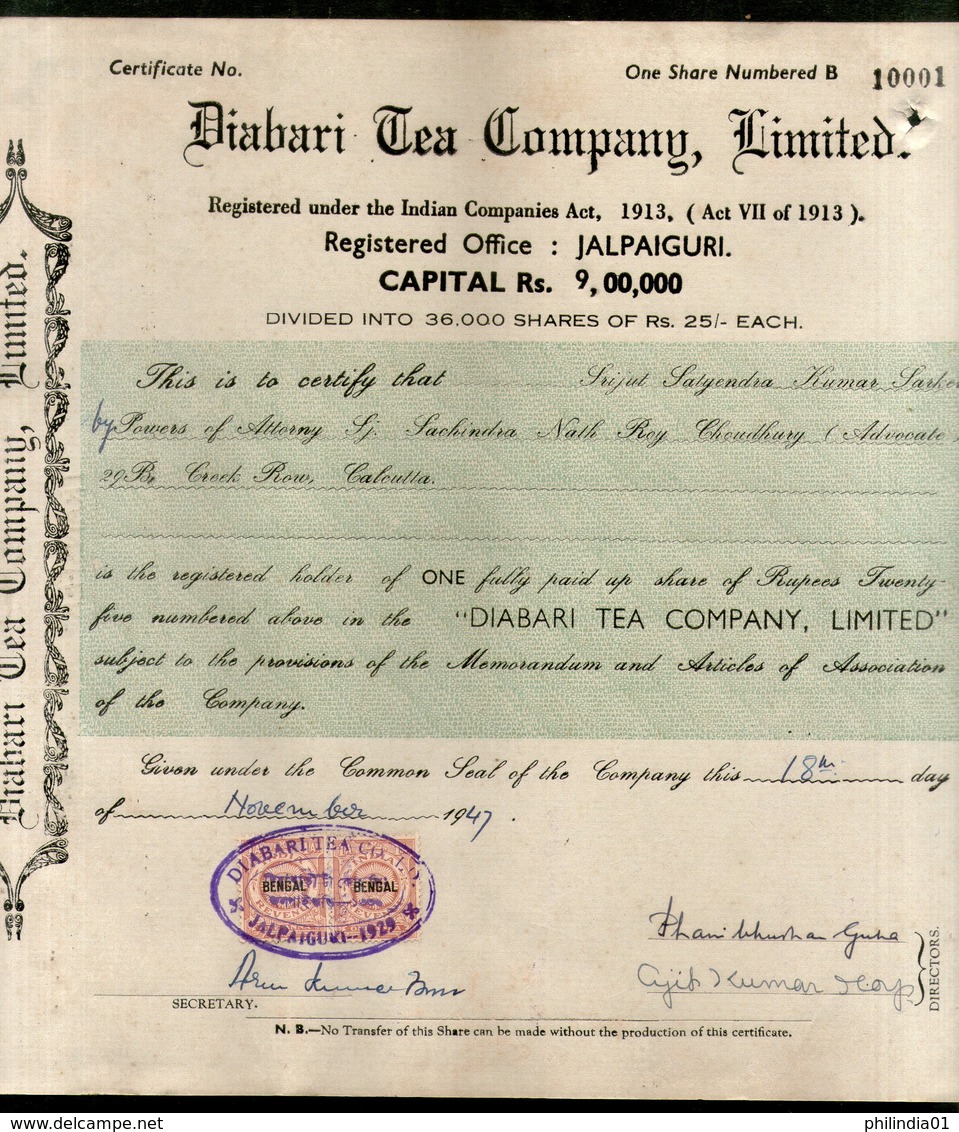 India 1940's Diabari Tea Company Share Certificate With Revenue Stamp # 10385A - D - F