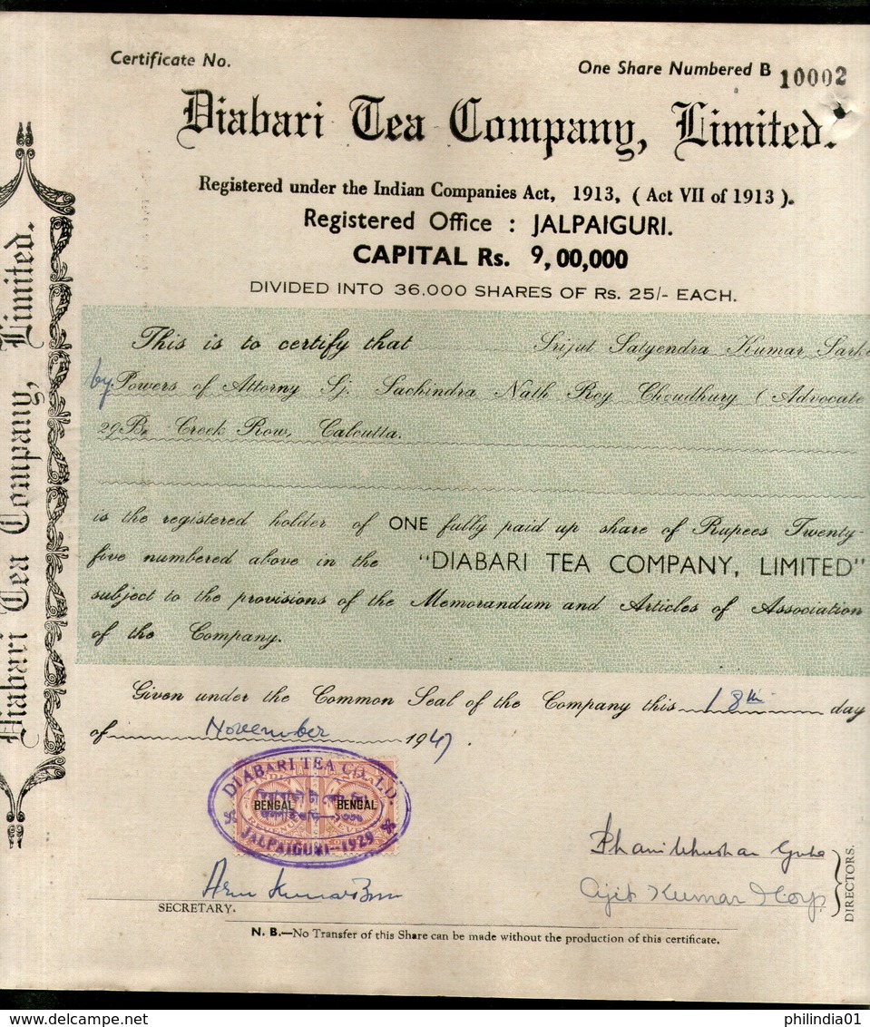 India 1940's Diabari Tea Company Share Certificate With Revenue Stamp # 10385B - D - F