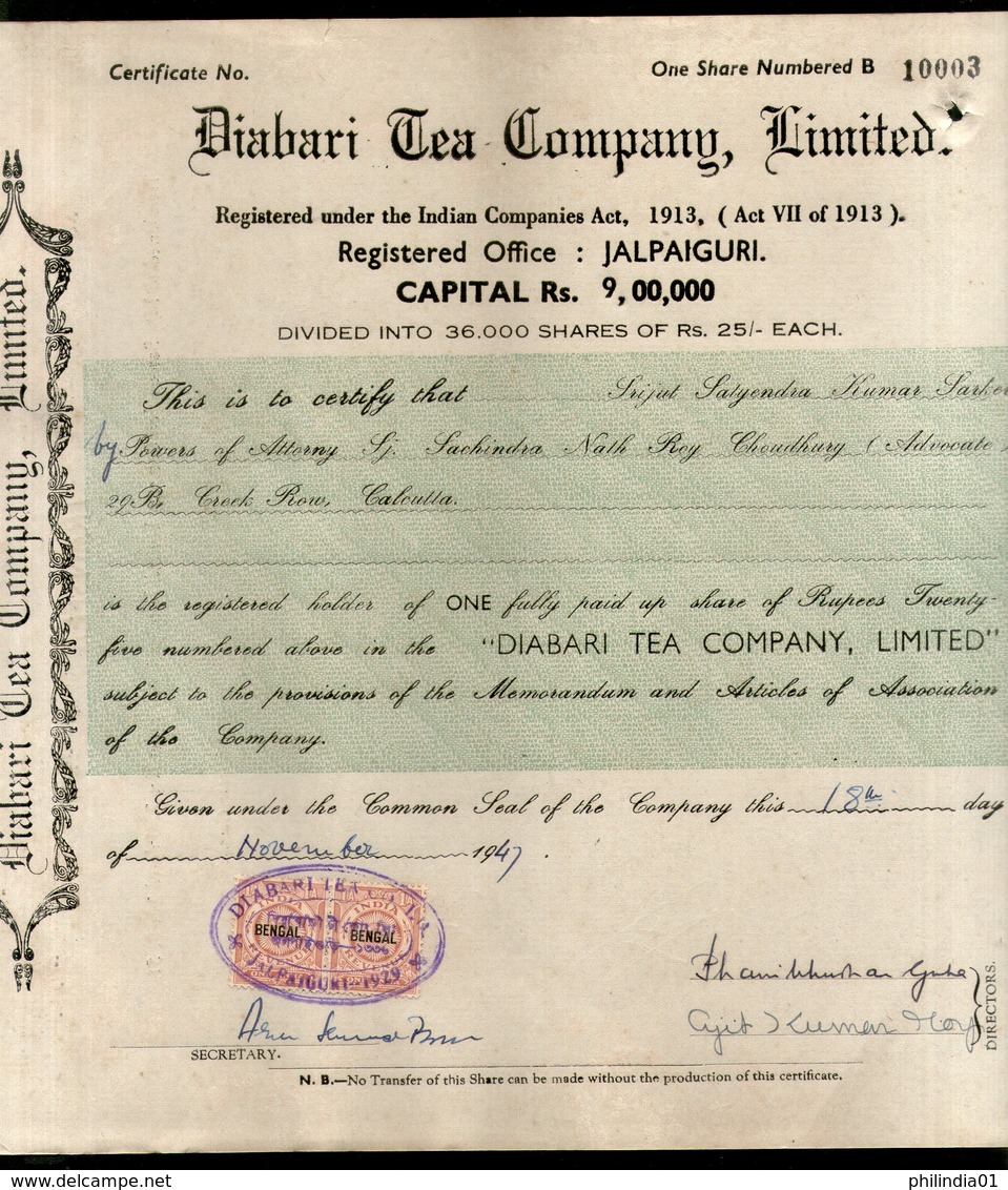 India 1940's Diabari Tea Company Share Certificate With Revenue Stamp # 10385D - D - F