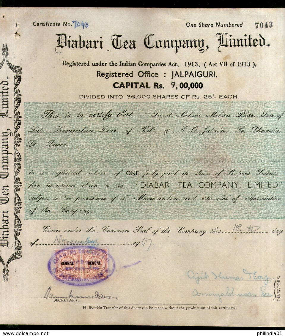 India 1940's Diabari Tea Company Share Certificate With Revenue Stamp # 10385E - D - F