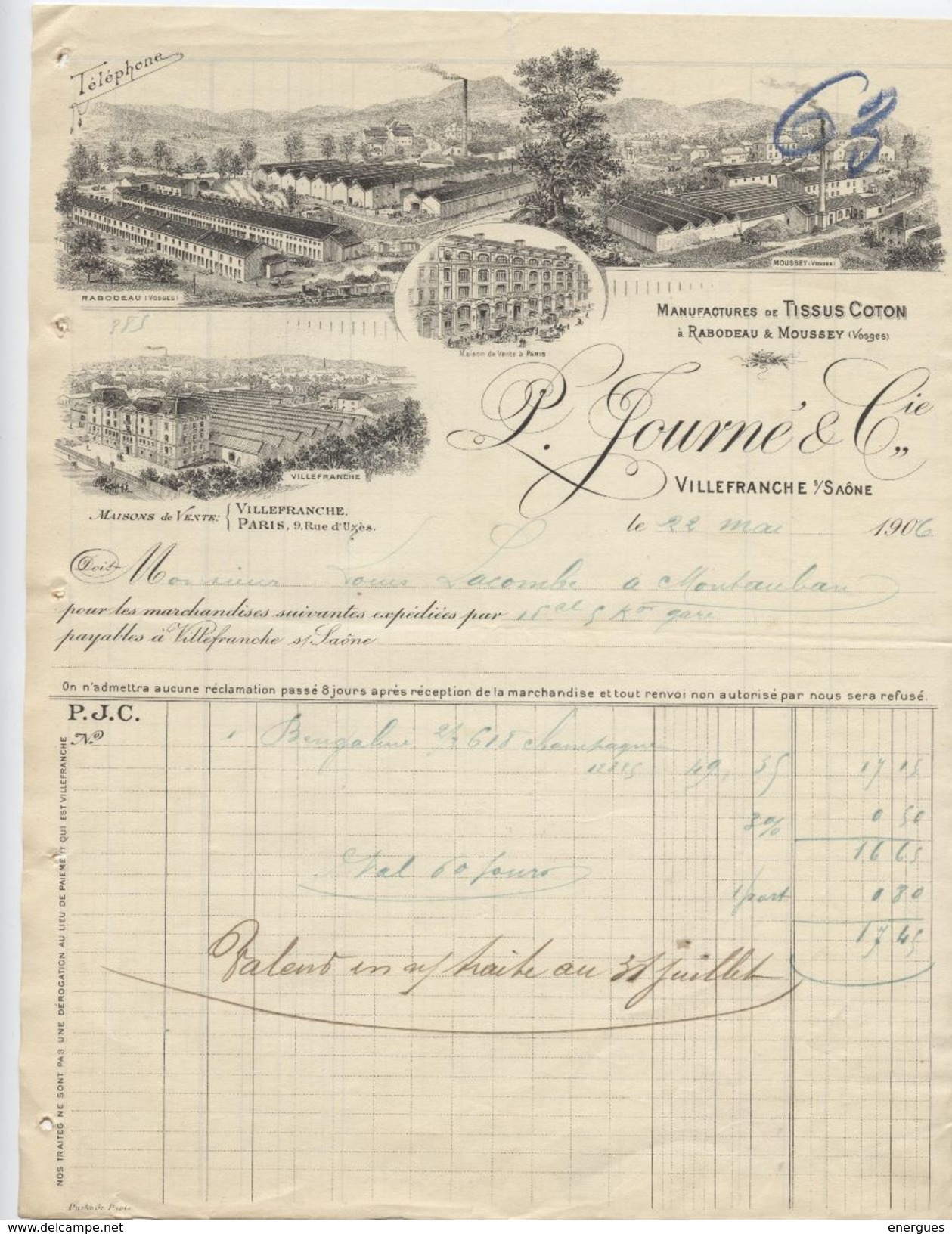 Rabodeau,Moussey,Villefranche Sur Saône, Journé,Manufactures Tissus, Coton, Textiles,1906 - Textile & Vestimentaire