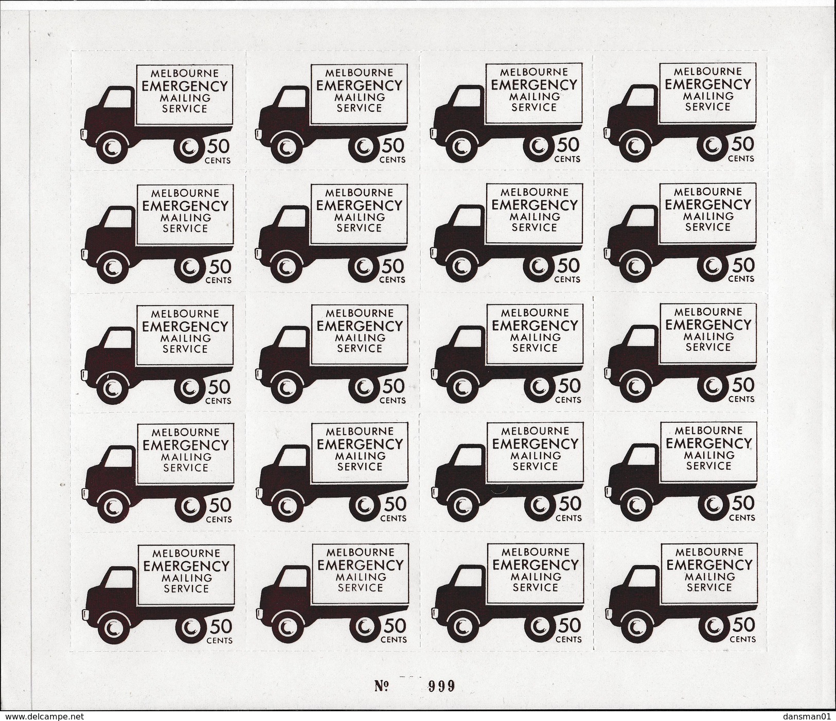 Australia 1968 Melbourne Mailing Service (in Use During A Postal Strike) 50c Sheet Of 20 - Cinderellas