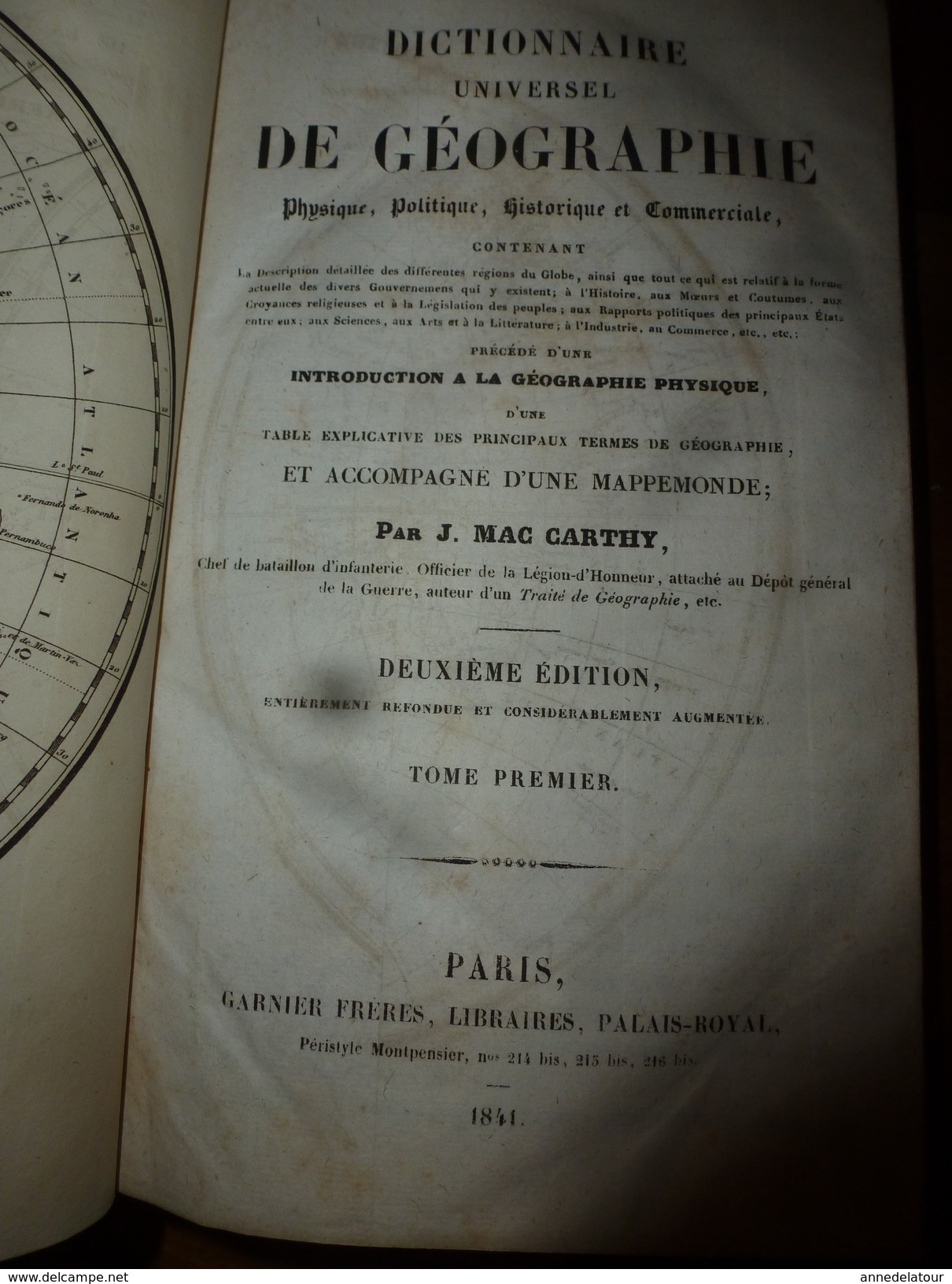 1841 Dictionnaire Universel de Géographie MAC CARTHY , tome 1er  (Physique,Politique, Historique et Commercial)
