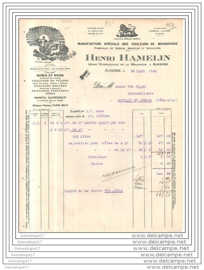 89 - 81 AUXERRE YONNE 1930 Manufacture Couleurs De Bourgogne HENRI HAMELIN Usine Hydraulique La Maladiere Mastic Vernis - 1900 – 1949