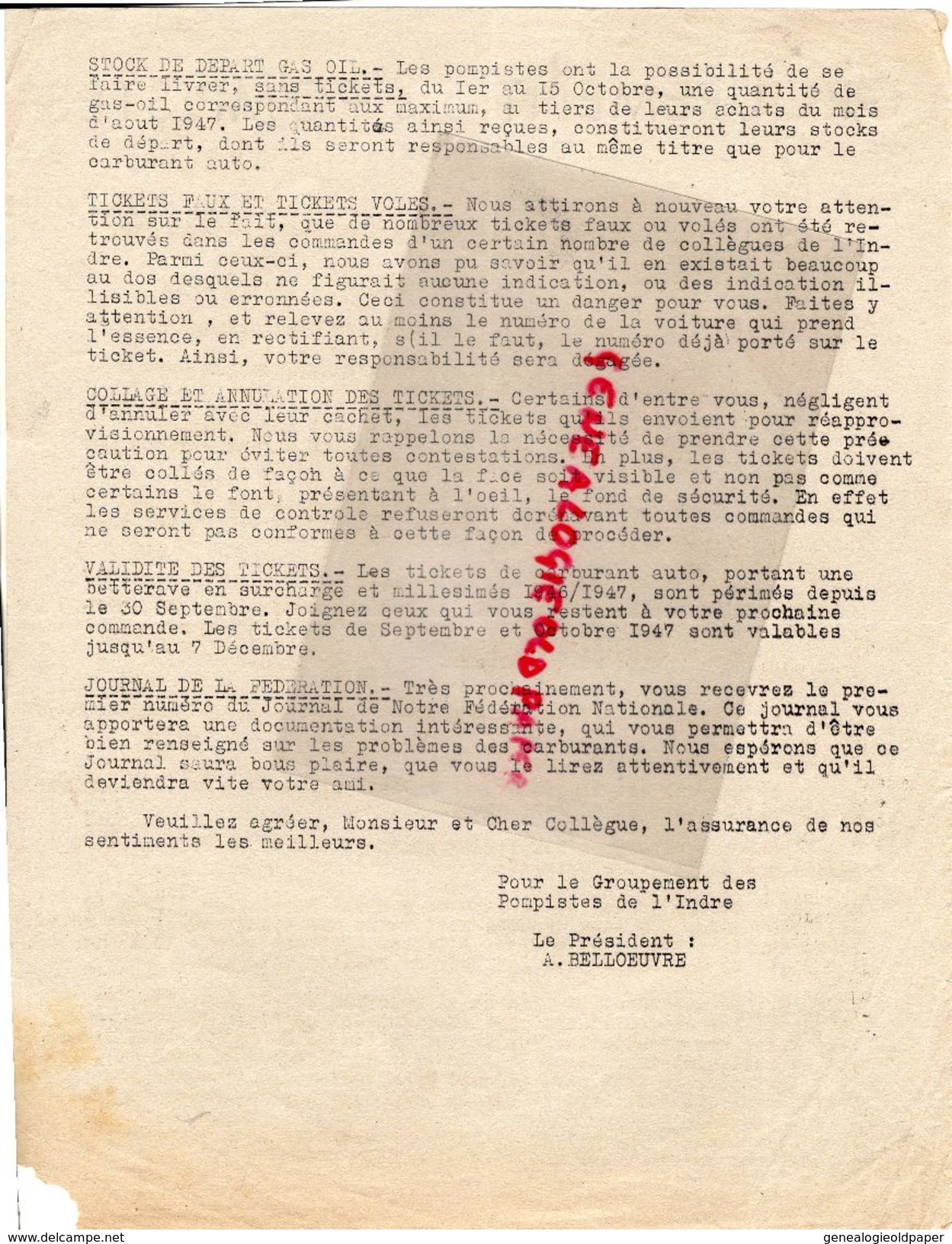 36- CHATEAUROUX- RARE LETTRE GROUPEMENT POMPISTES DE L' INDRE-12 RUE DES MARINS-HUILE DIESEL-ESSENCE-PETROLE-BELLOEUVRE - Petits Métiers