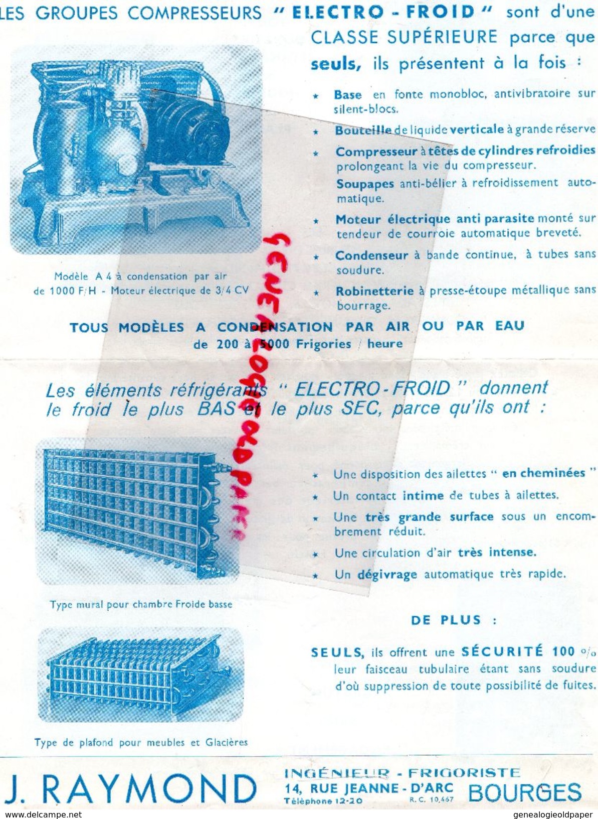 18- BOURGES- RARE DOCUMENT J. RAYMOND- INGENIEUR FRIGORISTE -14 RUE JEANNE D' ARC- ELECTRO FROID- - Petits Métiers