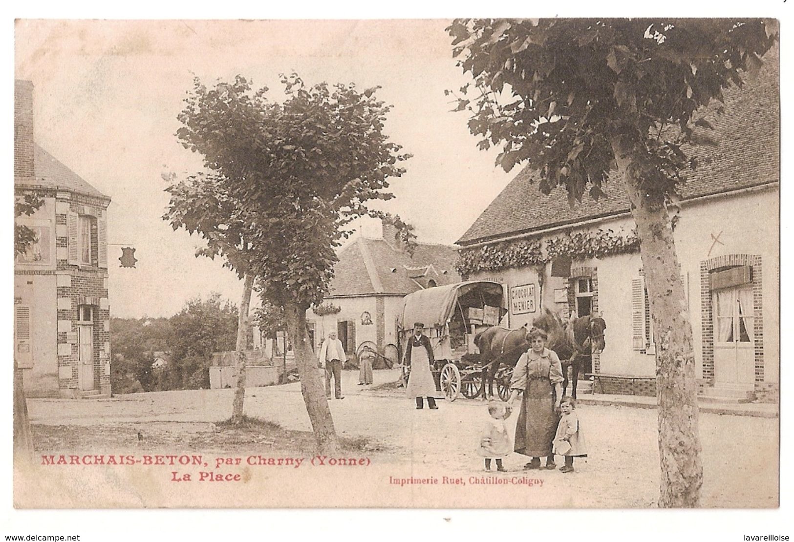 CPA 89 MARCHAIS BETON PAR CHARNY LA PLACE CAFE ATTELAGE COMMERCE AMBULANT RARE BELLE CARTE !! - Autres & Non Classés