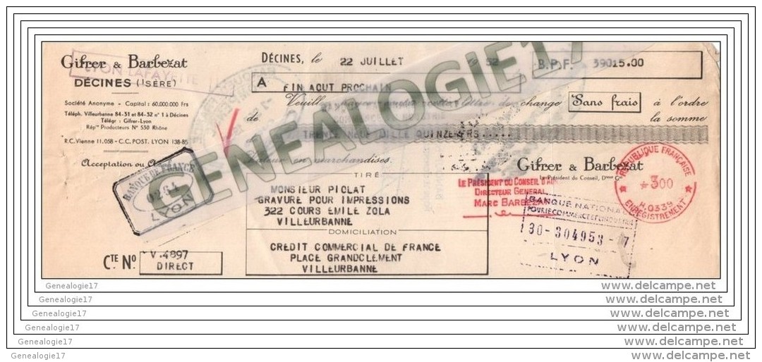 38 127 DECINES ISERE Ets GIFRER Et  BARBEZAT 1952 Dest Mr PIOLAT Graveur 322 Cours Emile Zola Âˆ VILLEURBANNE - 1950 - ...