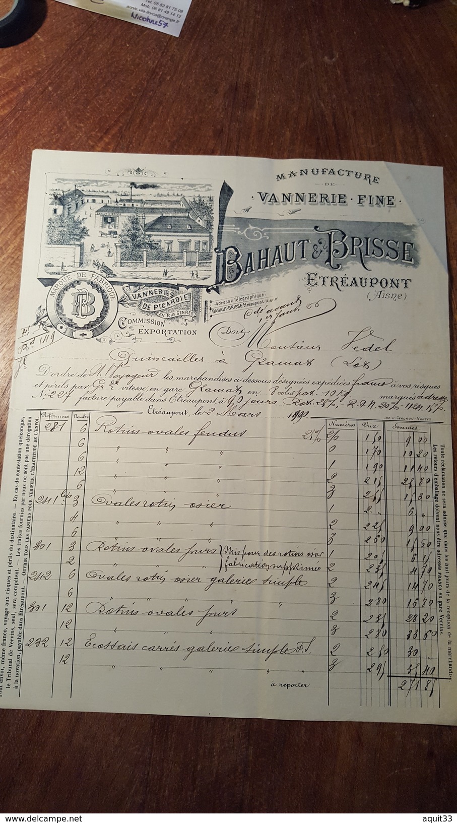 FACTURE ET MANDAT ILLUSTRES DE  1890 VANNERIE FINE ETREAUPONT (AISNE) - Artigianato