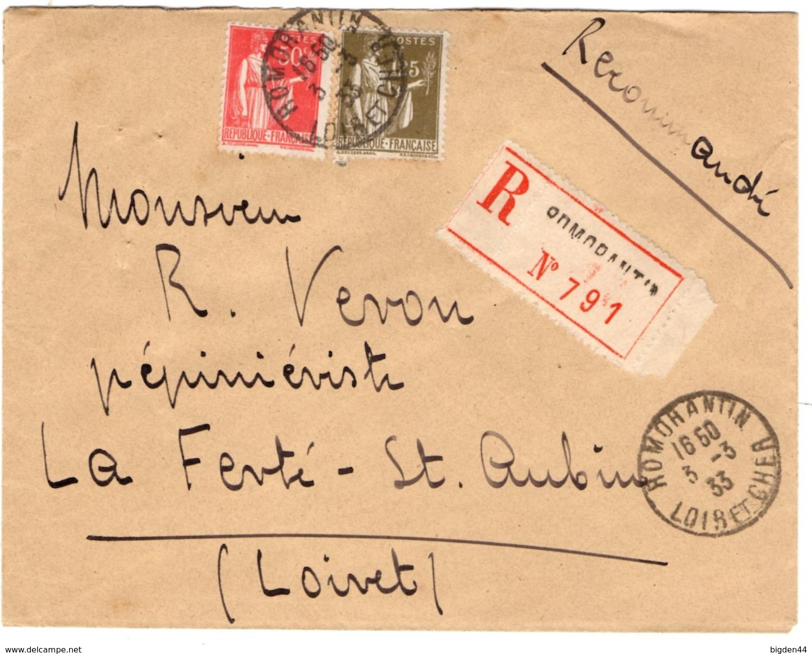 Lettre Recommandée De Romorantin (03.03.1933) Pour La Ferté Saint Aubin_tarif à 1.75 Ff - 1932-39 Paix