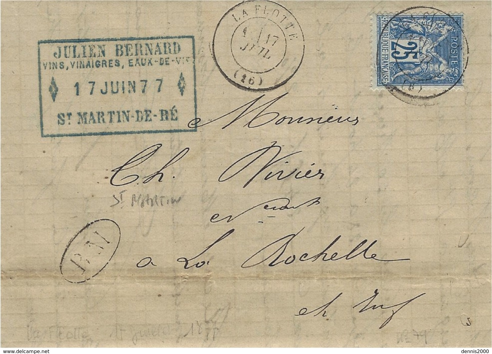 1877- Lettre De LA FLOTTE ( Charente Maritime ) Affr; 25 C Sage Oblit. Cad T17 + B M  Boite Mobile De St Martin En Ré - 1877-1920: Semi Modern Period