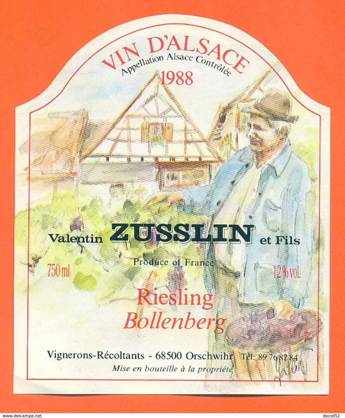 Etiquette Vin D'alsace Riesling 1988 Valentin Zusslin à Orschwihr - 75 Cl - Riesling