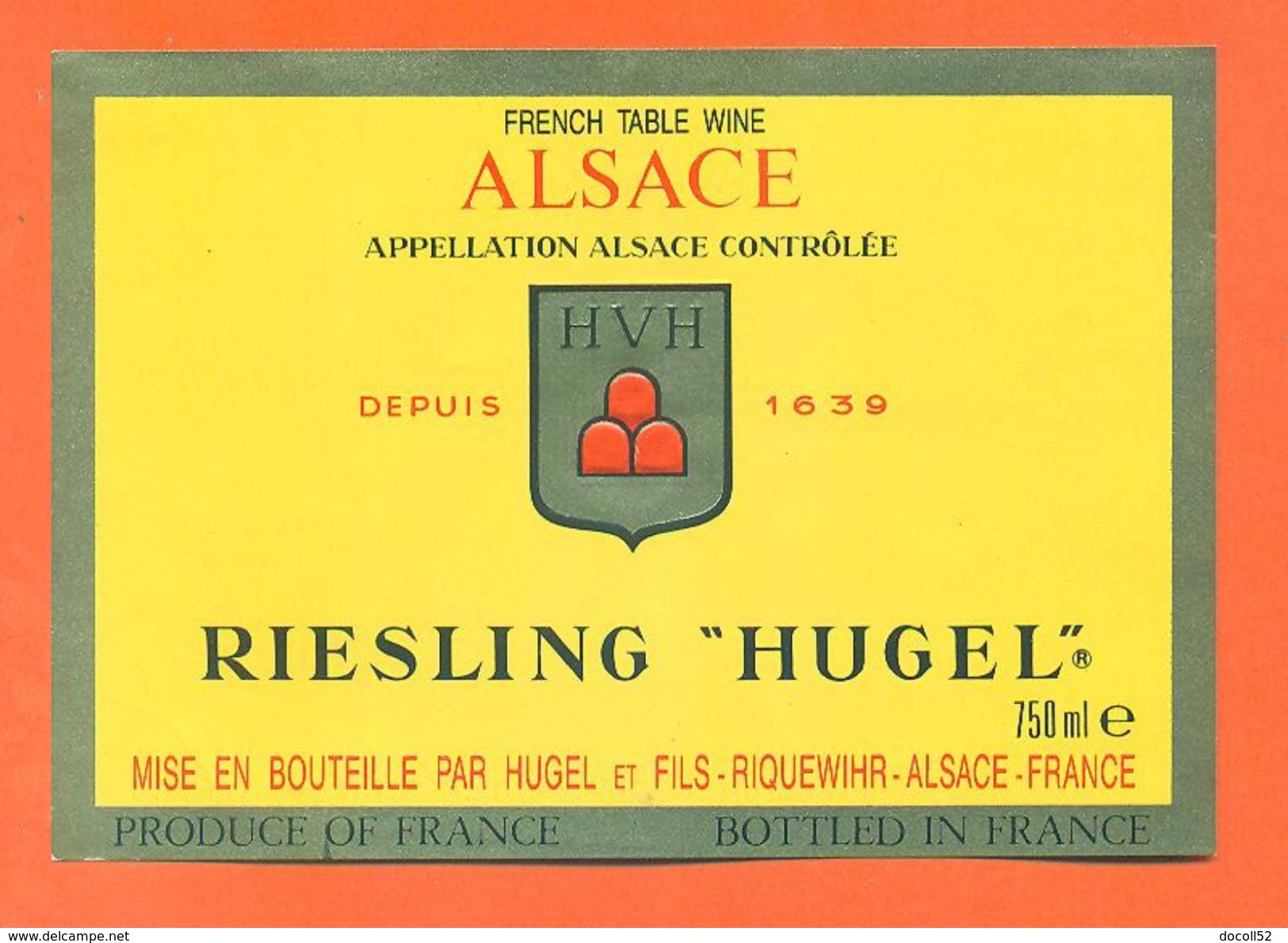 Etiquette Vin D'alsace Riesling Hugel à Riquewihr - 75 Cl - Riesling