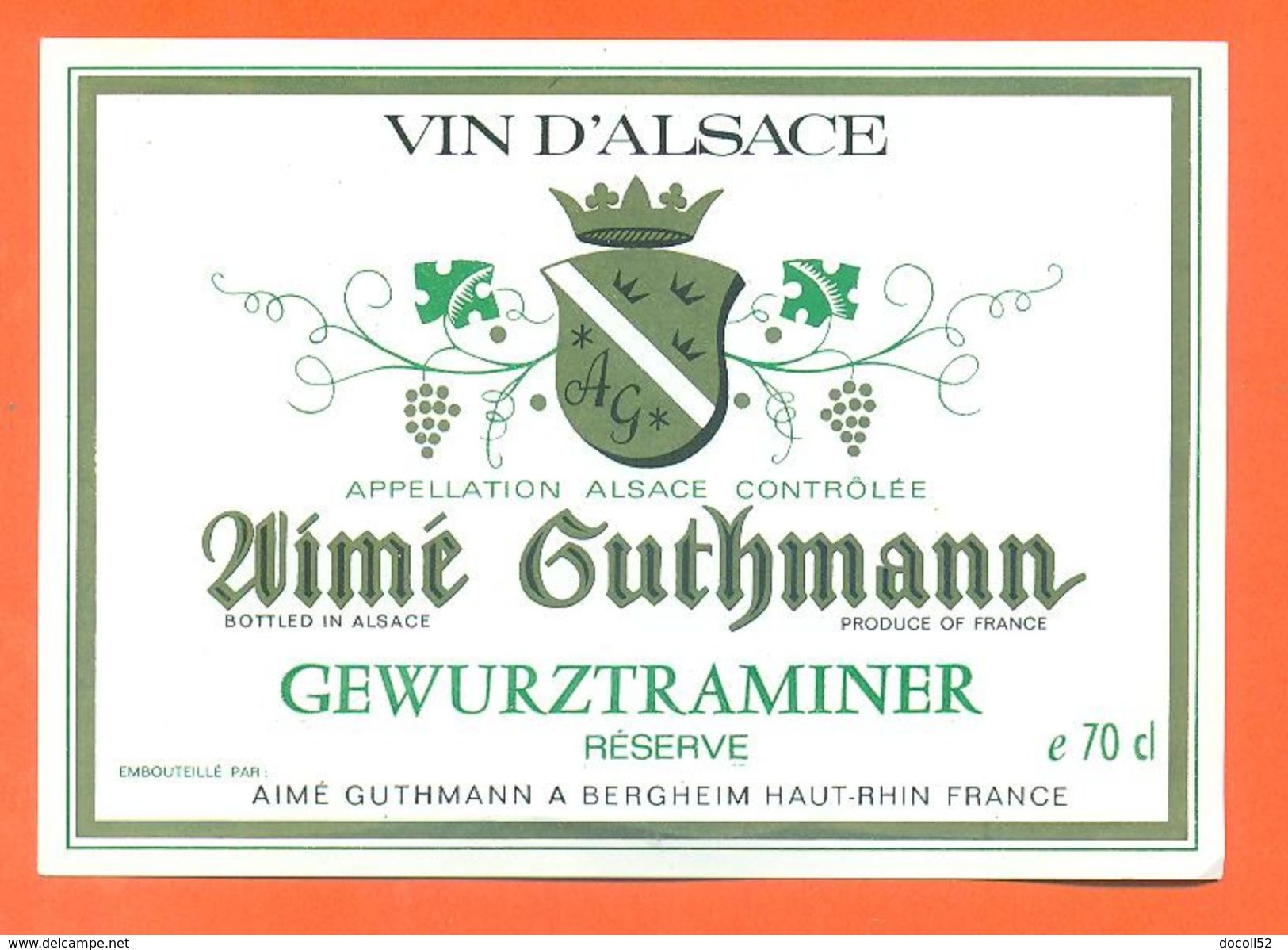 Etiquette Vin D'alsace Gewurtztraminer Aimé Guthmann à Bergheim - 70 Cl - Gewurztraminer