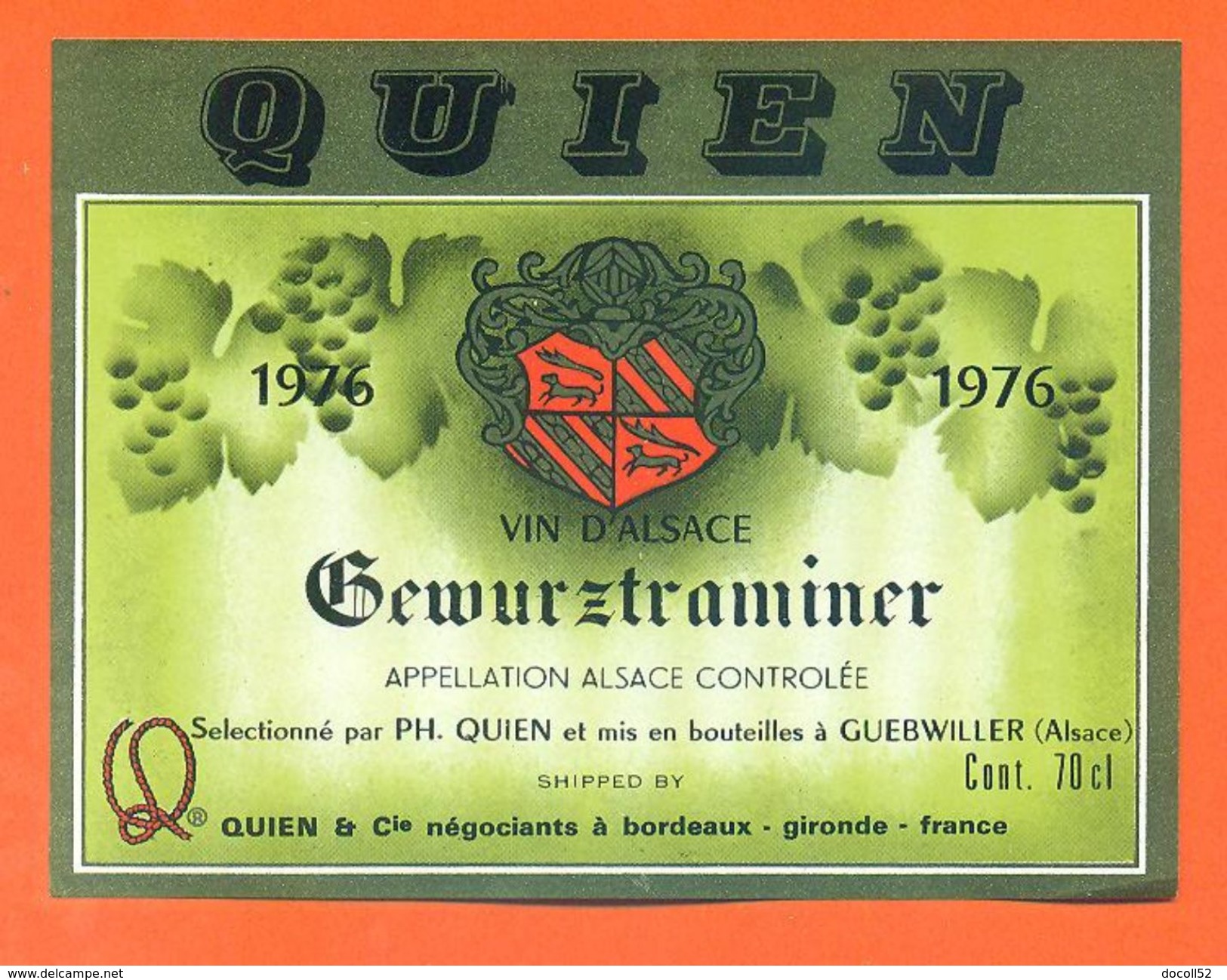 Etiquette Vin D'alsace Gewurztraminer 1976 Quien à Guebwiller -70 Cl - Gewurztraminer