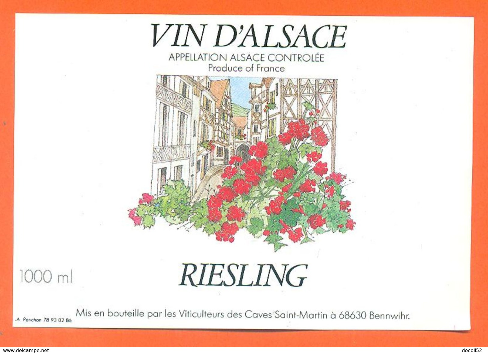 Etiquette Vin D'alsace Riesling Caves Saint Martin à Bennwihr -100 Cl - Riesling