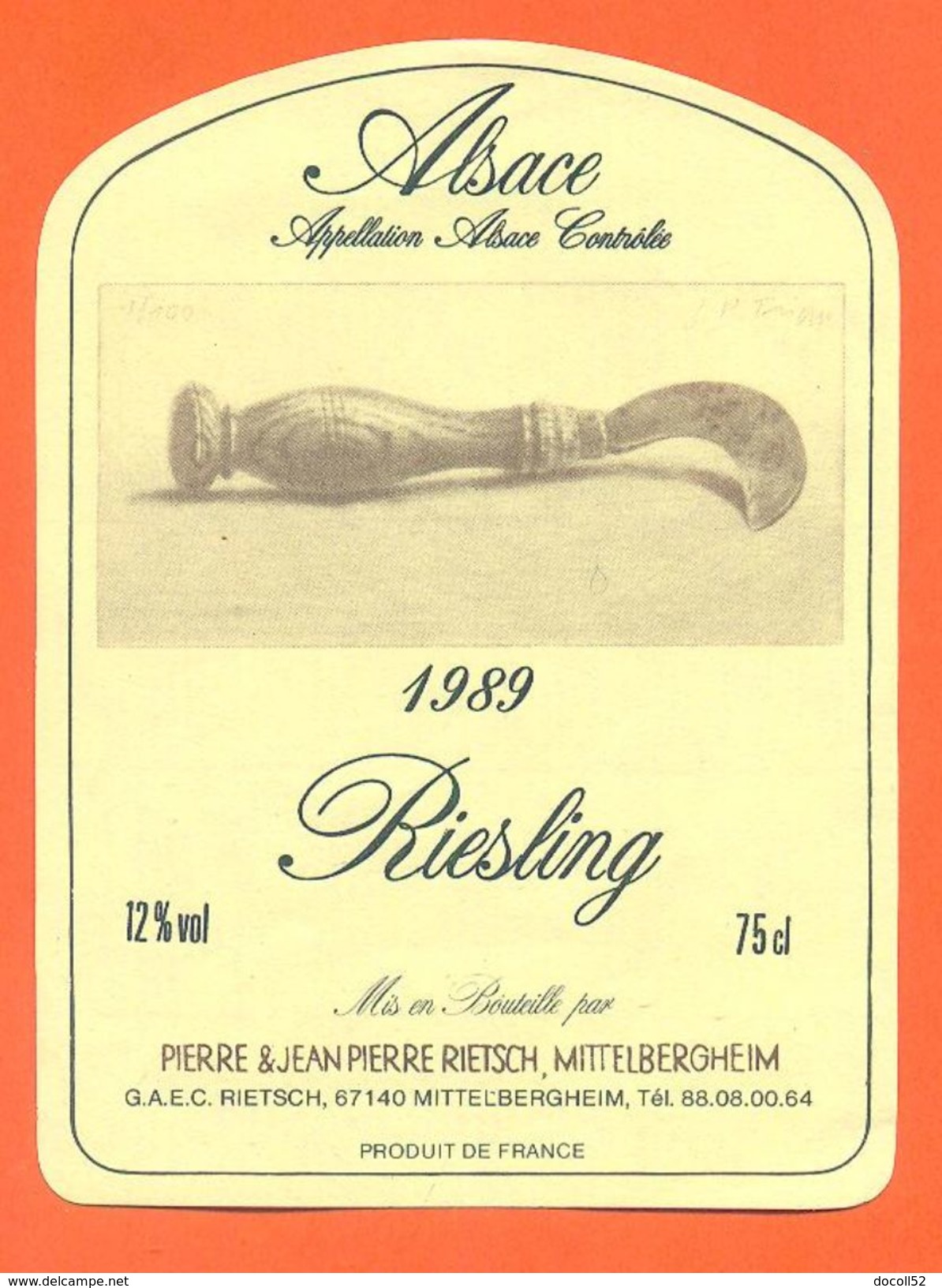 Etiquette Vin D'alsace Riesling 1989 Pierre Rietsch à Mittelbergheim -75 Cl - Riesling